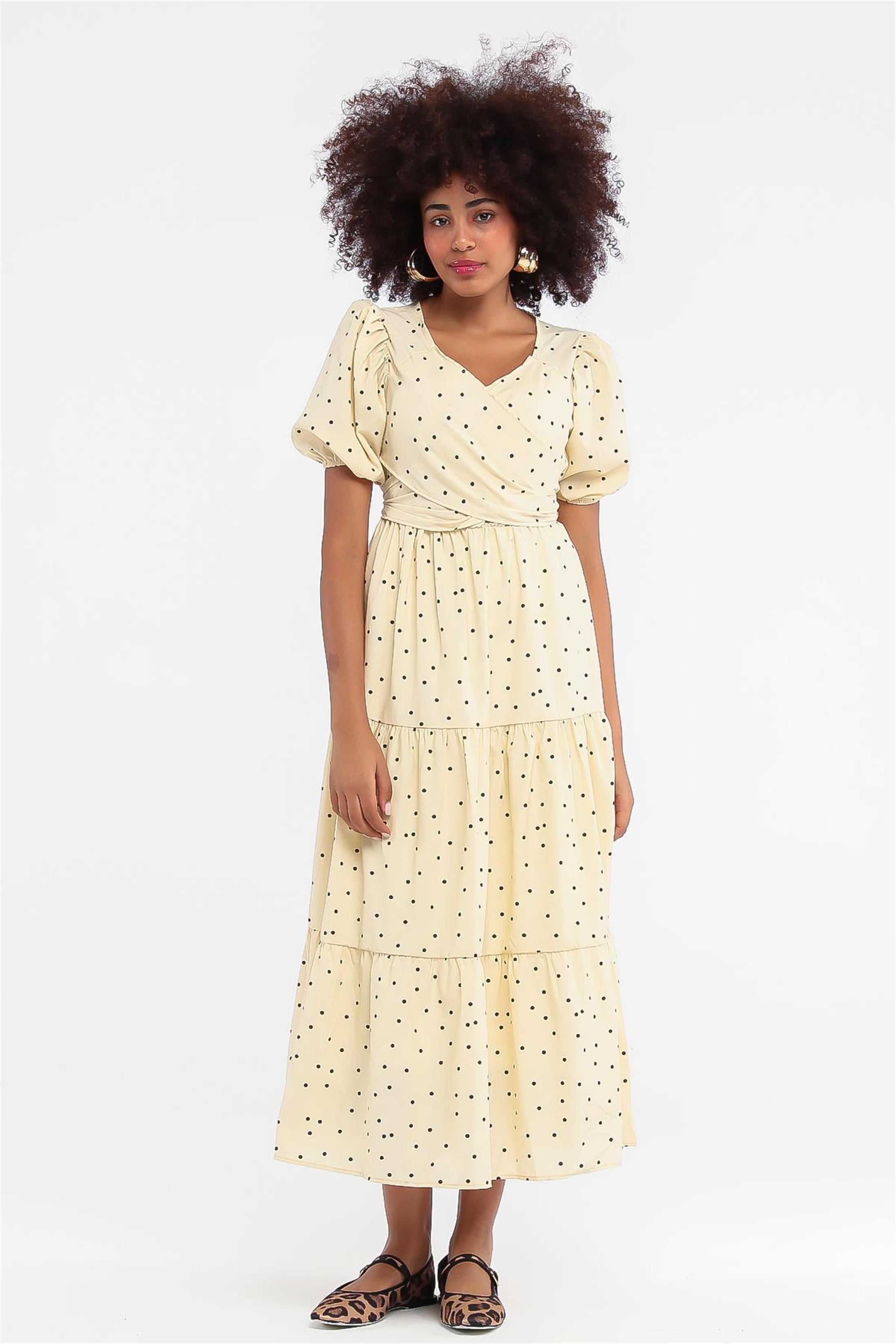 Arkadan Bağlamalı Benekli Poplin Elbise - Sarı