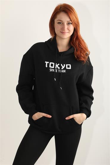 Kadın Tokyo Skate Team Baskılı Kapüşonlu Oversize Sweatshirt