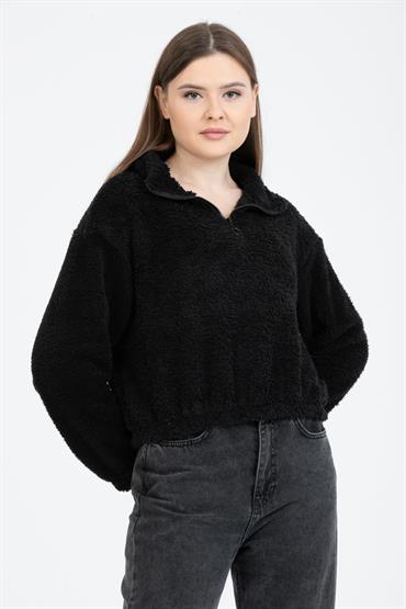 Kadın Yarım Fermuarlı Oversize Beli Lastikli Peluş Sweatshirt