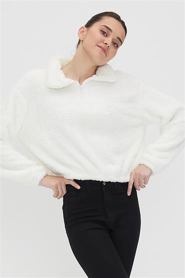 Kadın Yarım Fermuarlı Oversize Beli Lastikli Peluş Sweatshirt