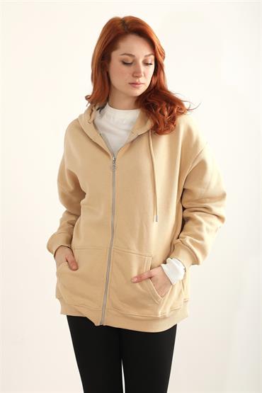 Kadın Kapüşonlu Çift Cepli Fermuarlı Yağmurluk Sweatshirt