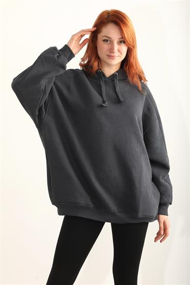 Kadın Kapüşonlu Basic Salaş Oversize Kordonlu Sweatshirt