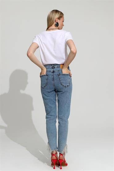 Kadın Yüksek Bel Taş Detaylı Mom Jean Denim Pantolon