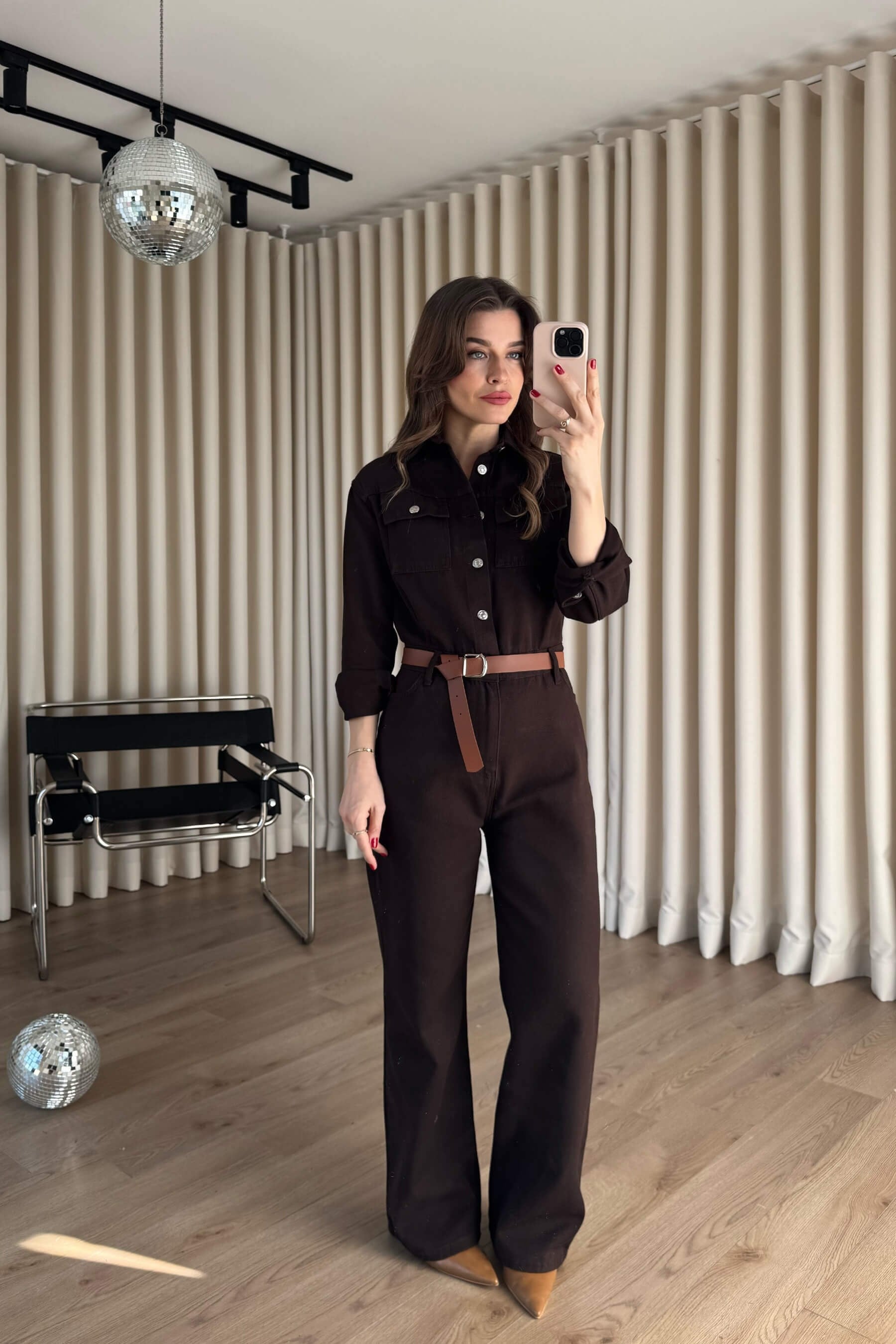 Acı Kahve Kemerli Gabardin Oversize Tulum