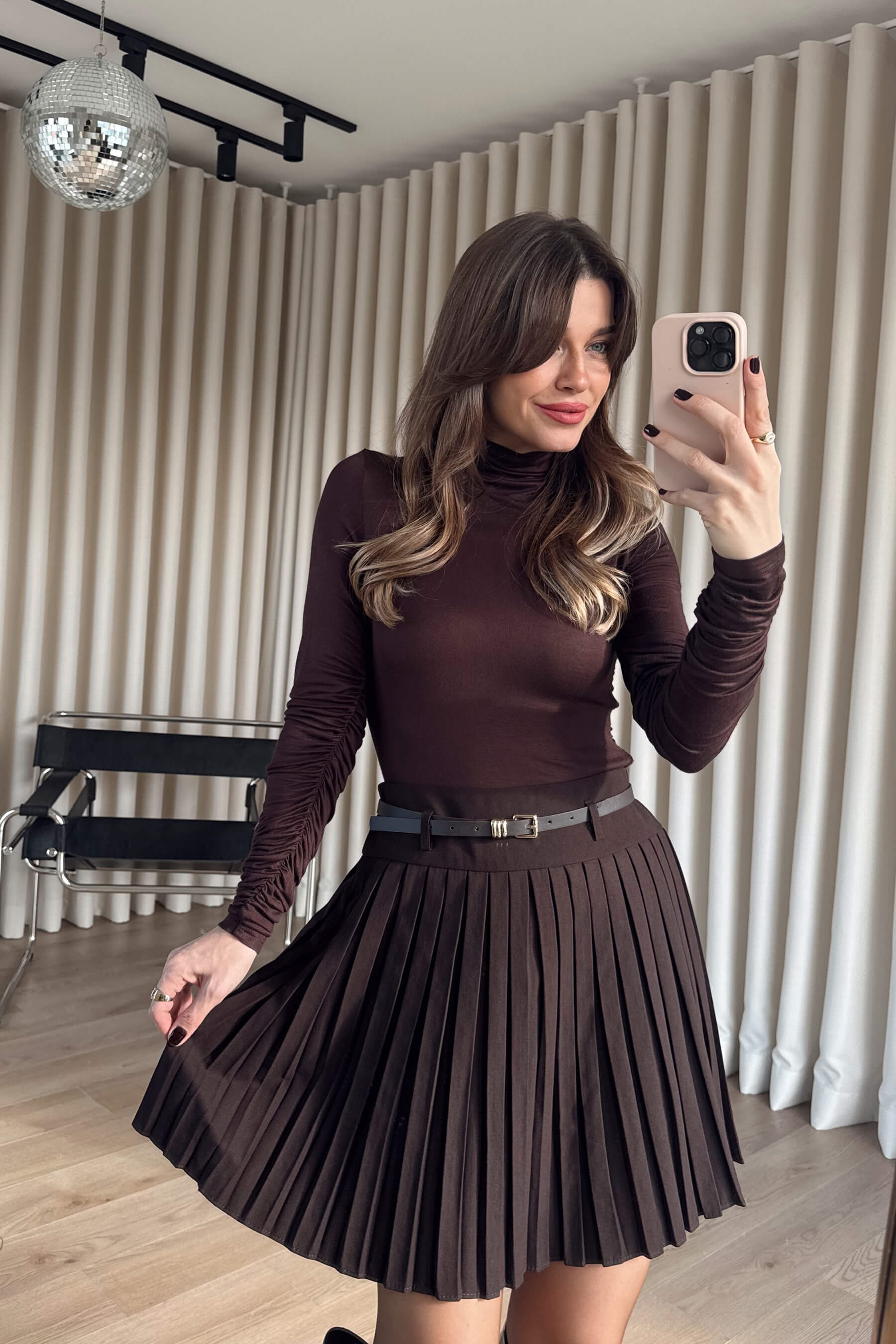 Acı Kahve Pileli Kemerli Mini Etek