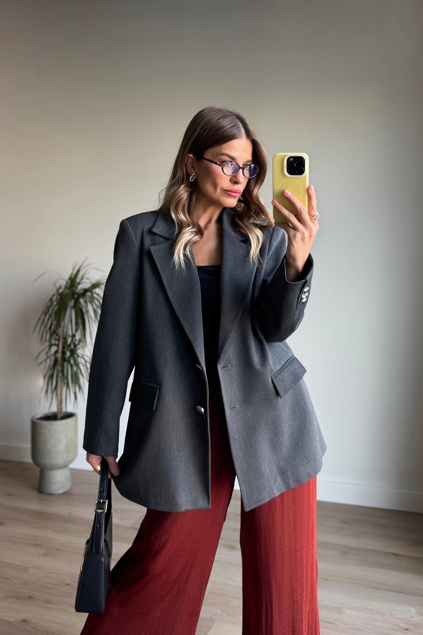 Antrasit Gümüş Düğmeli Astarlı Blazer Ceket