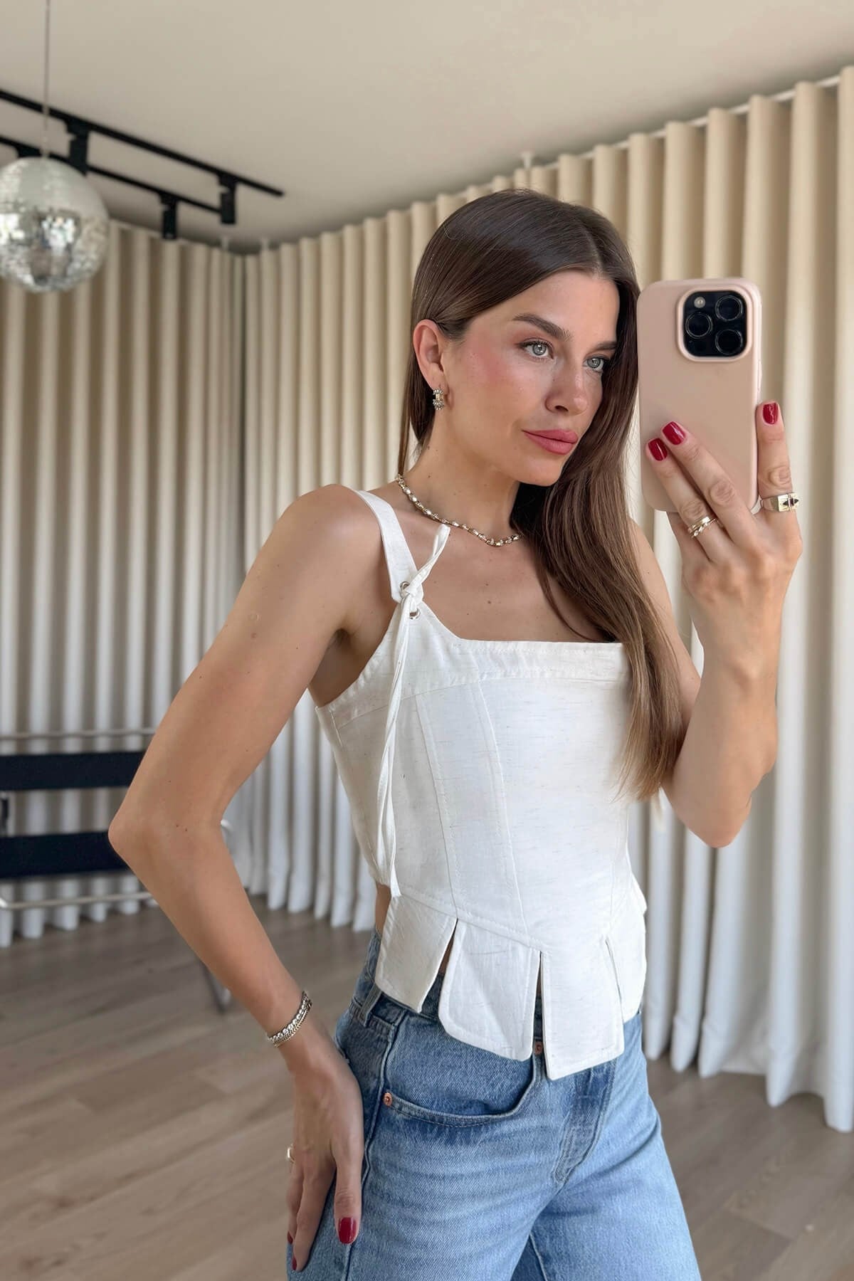 Bej Bağcıklı Askılı Korse Kesim Keten Bluz