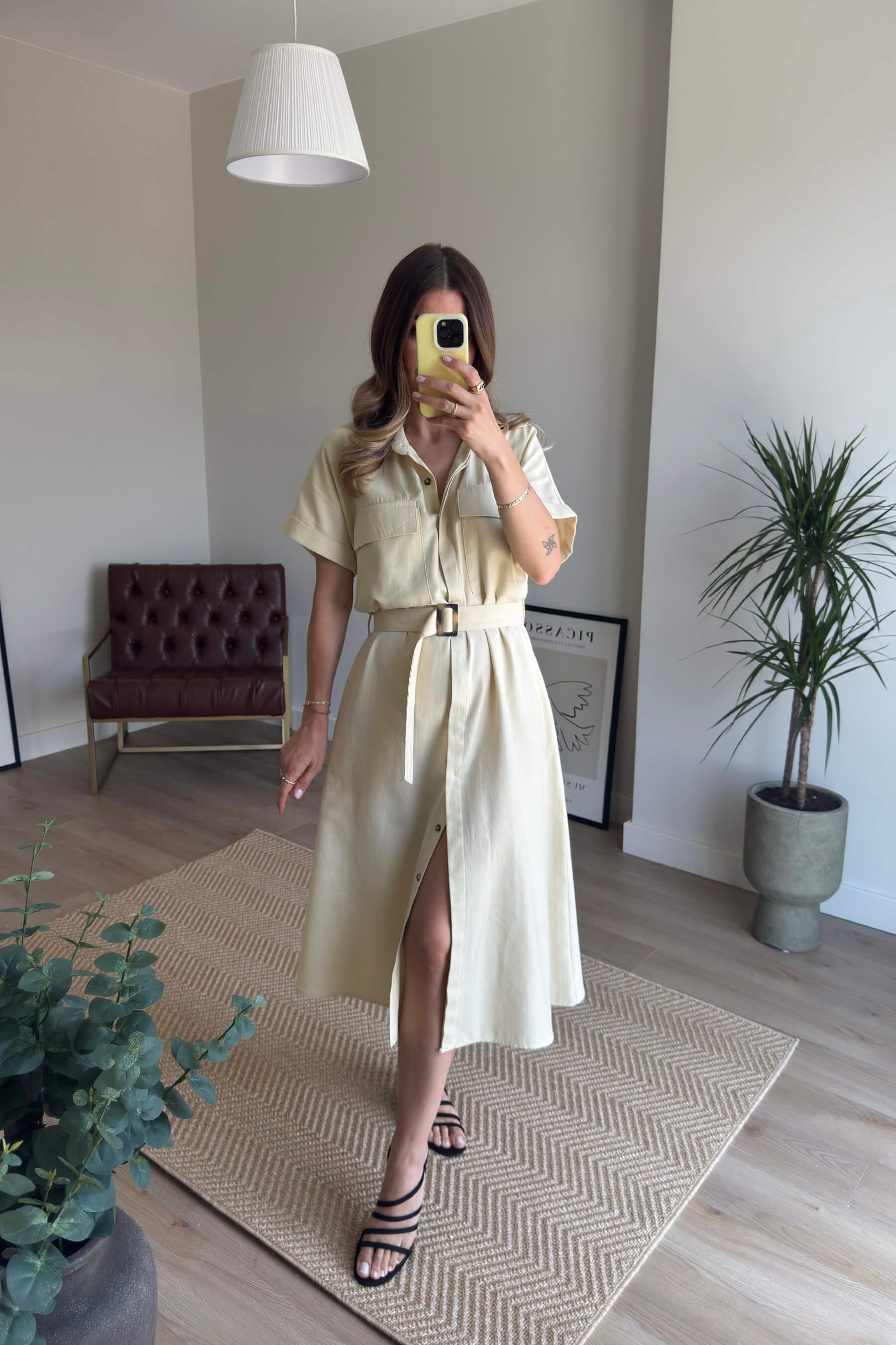 Bej Cep Detaylı Ahşap Kemerli Gabardin Keten Görünümlü Gömlek Elbise