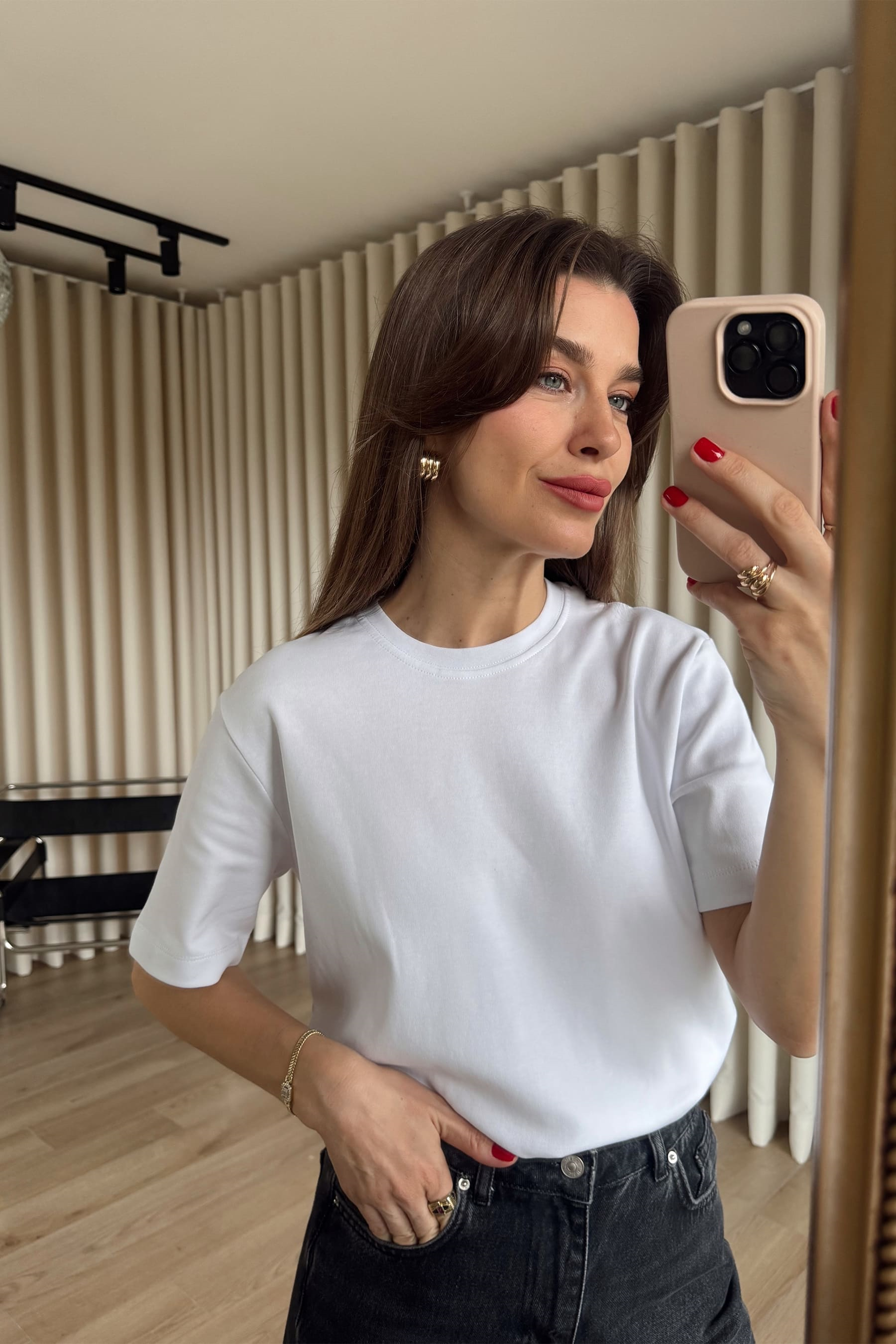 Beyaz Bisiklet Yaka Premium Oversize Pamuk T-Shirt