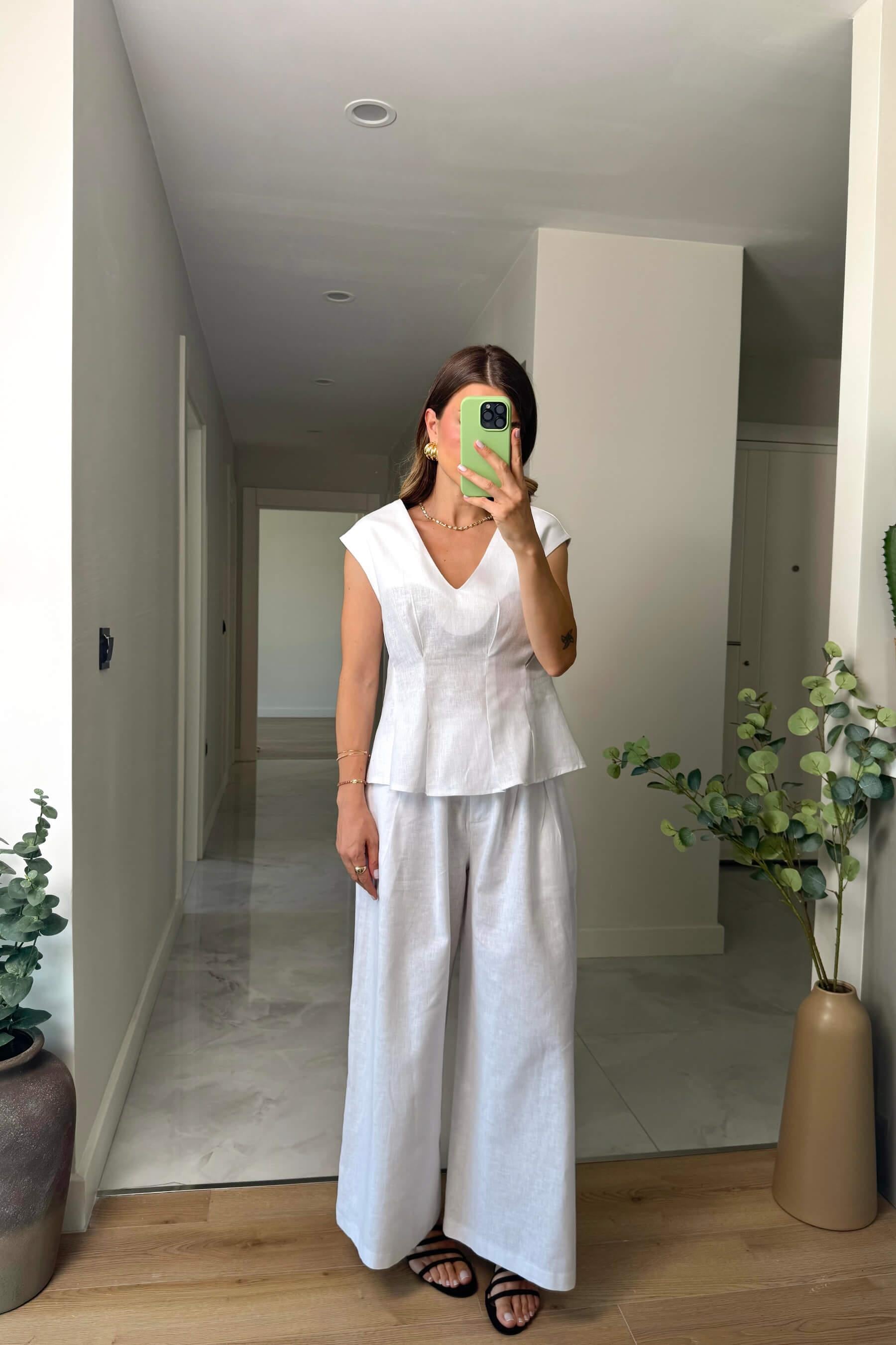 Beyaz Pens Detaylı Premium Keten Pantolon Bluz Takım