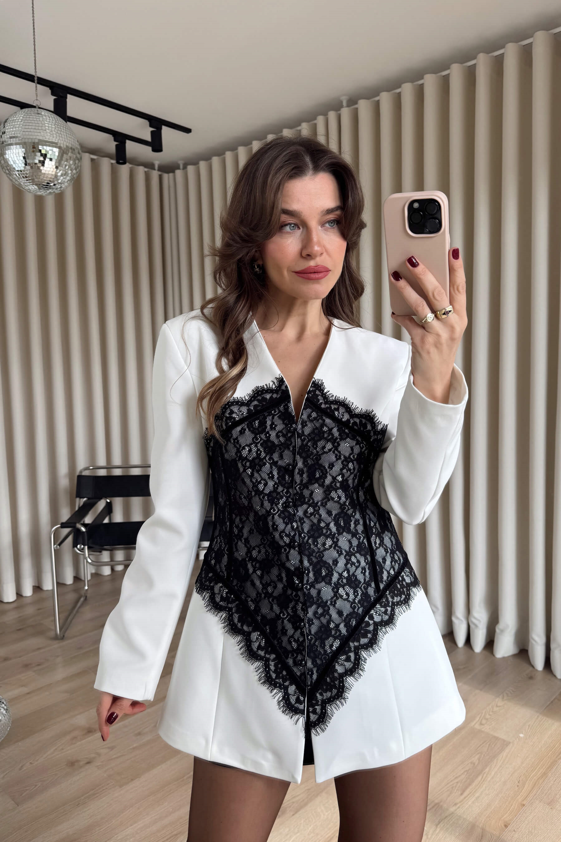 Beyaz Siyah Dantel Korseli Tasarım Blazer Ceket
