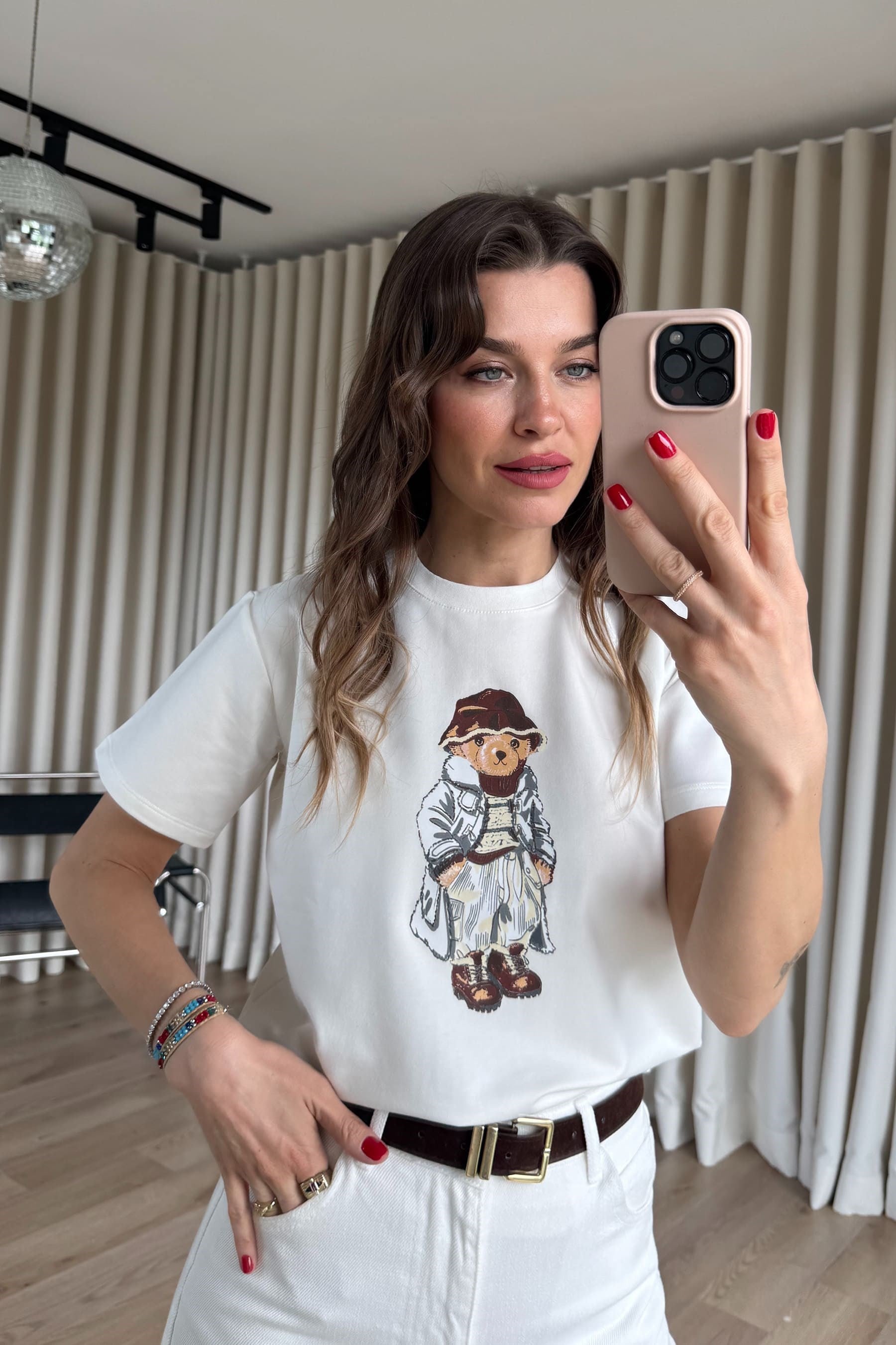 Beyaz Teddy Baskılı T-Shirt