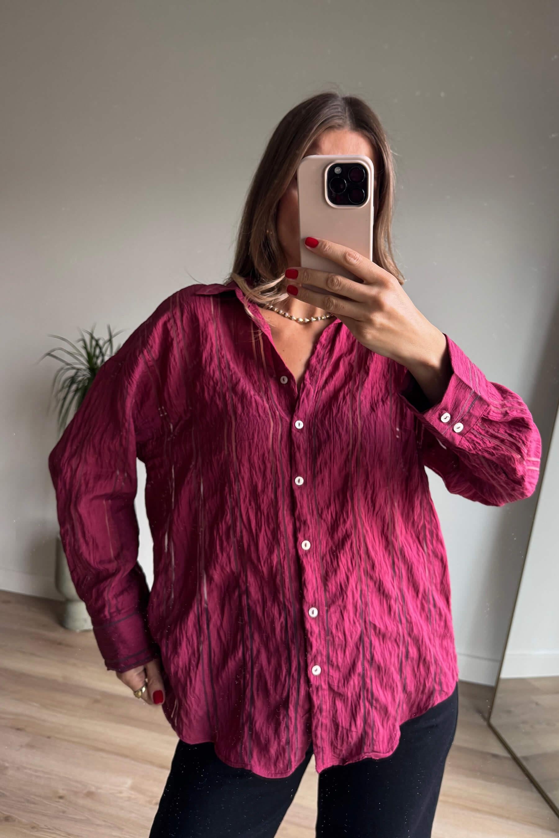 Bordo Çizgi Detaylı Organze Oversize Premium Gömlek