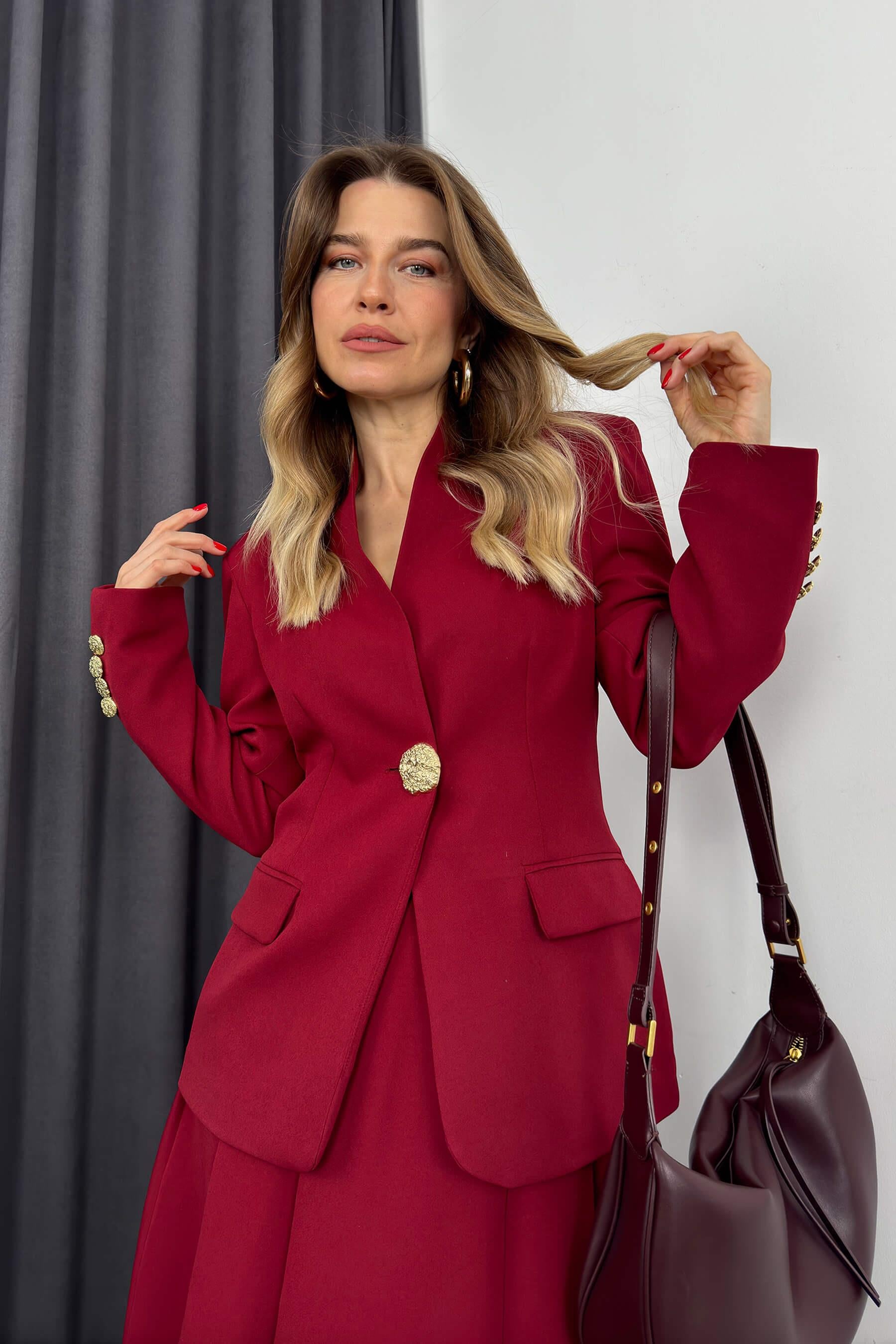 Bordo Gold Rose Düğme Detaylı Hakim Yaka Blazer Ceket