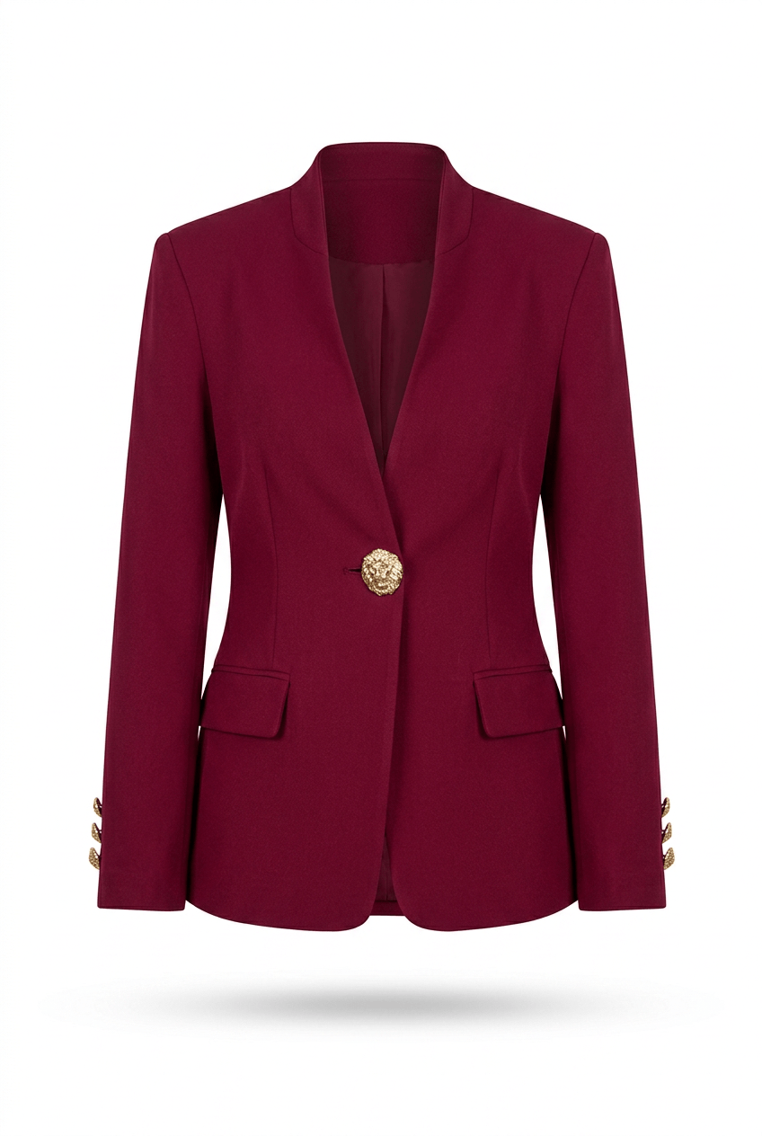Bordo Gold Rose Düğme Detaylı Hakim Yaka Blazer Ceket