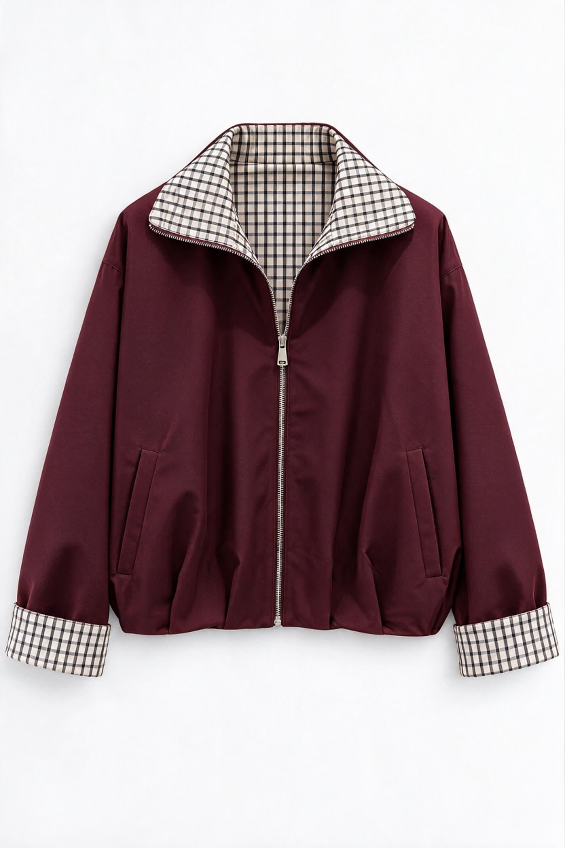 Bordo Kahve Ekoseli Oversize Bomber Trençkot
