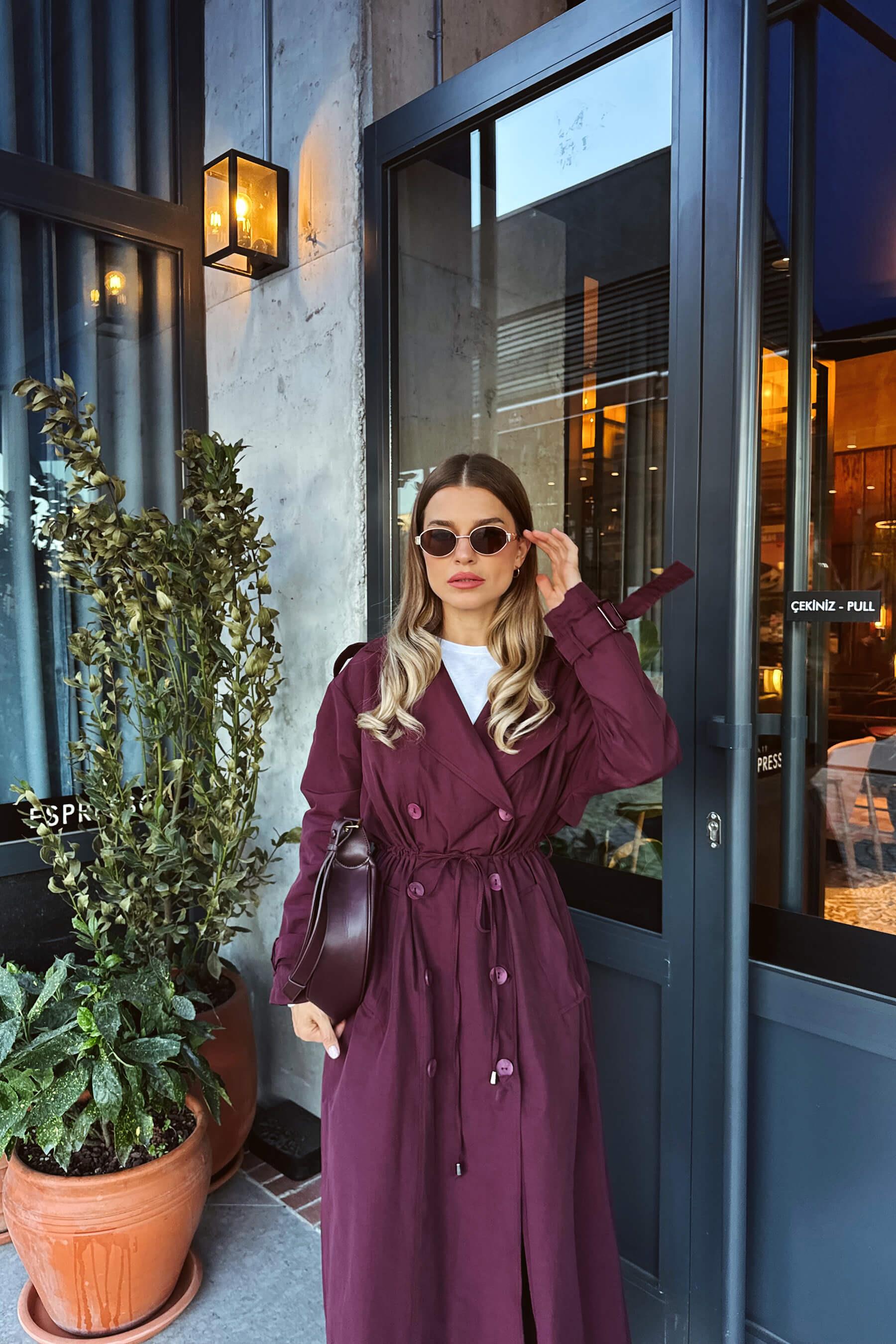Bordo Önden Büzgülü Düğmeli Astarlı Maxi Oversize Trençkot