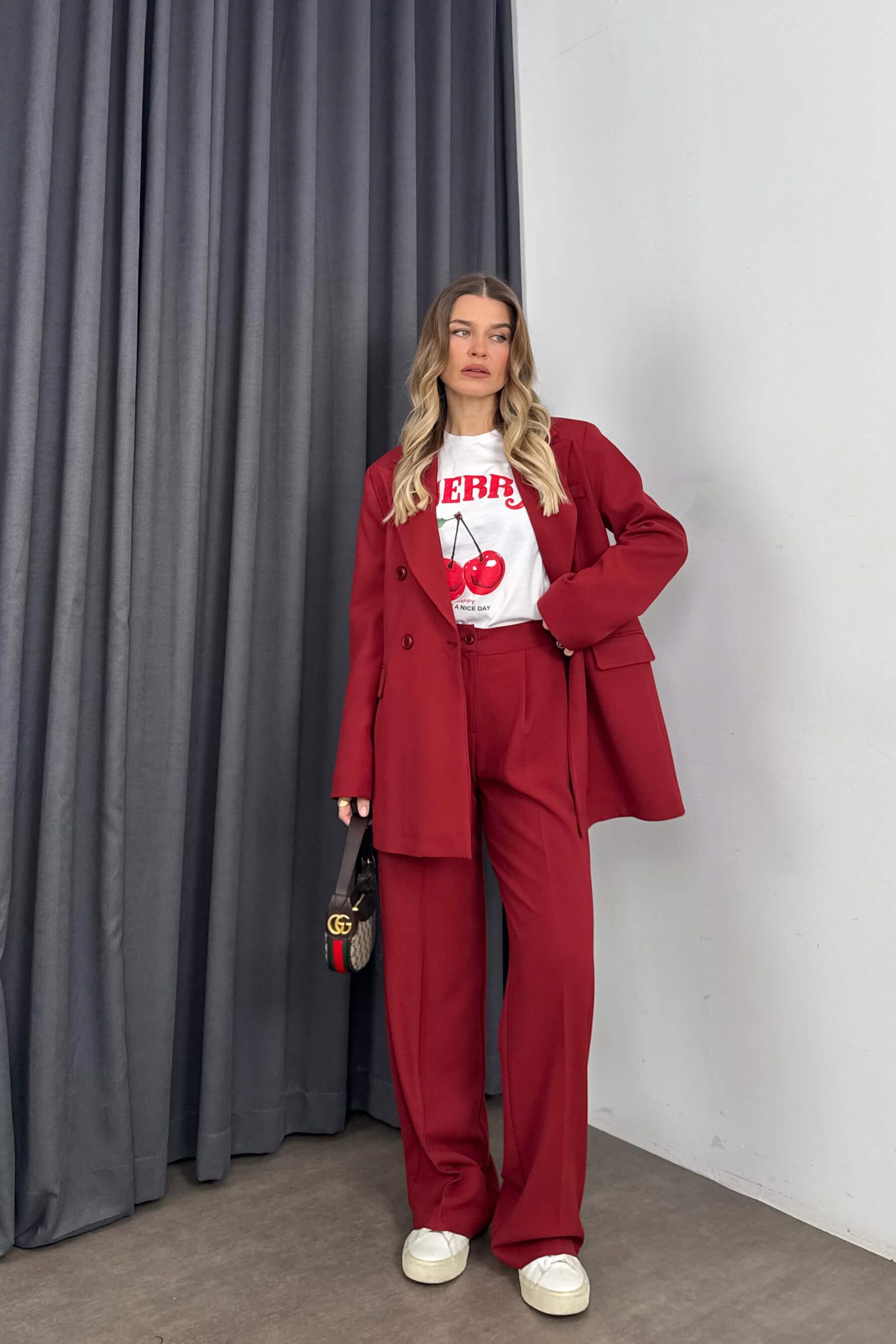 Bordo Yüksek Bel Pantolon Ceket Oversize Takım