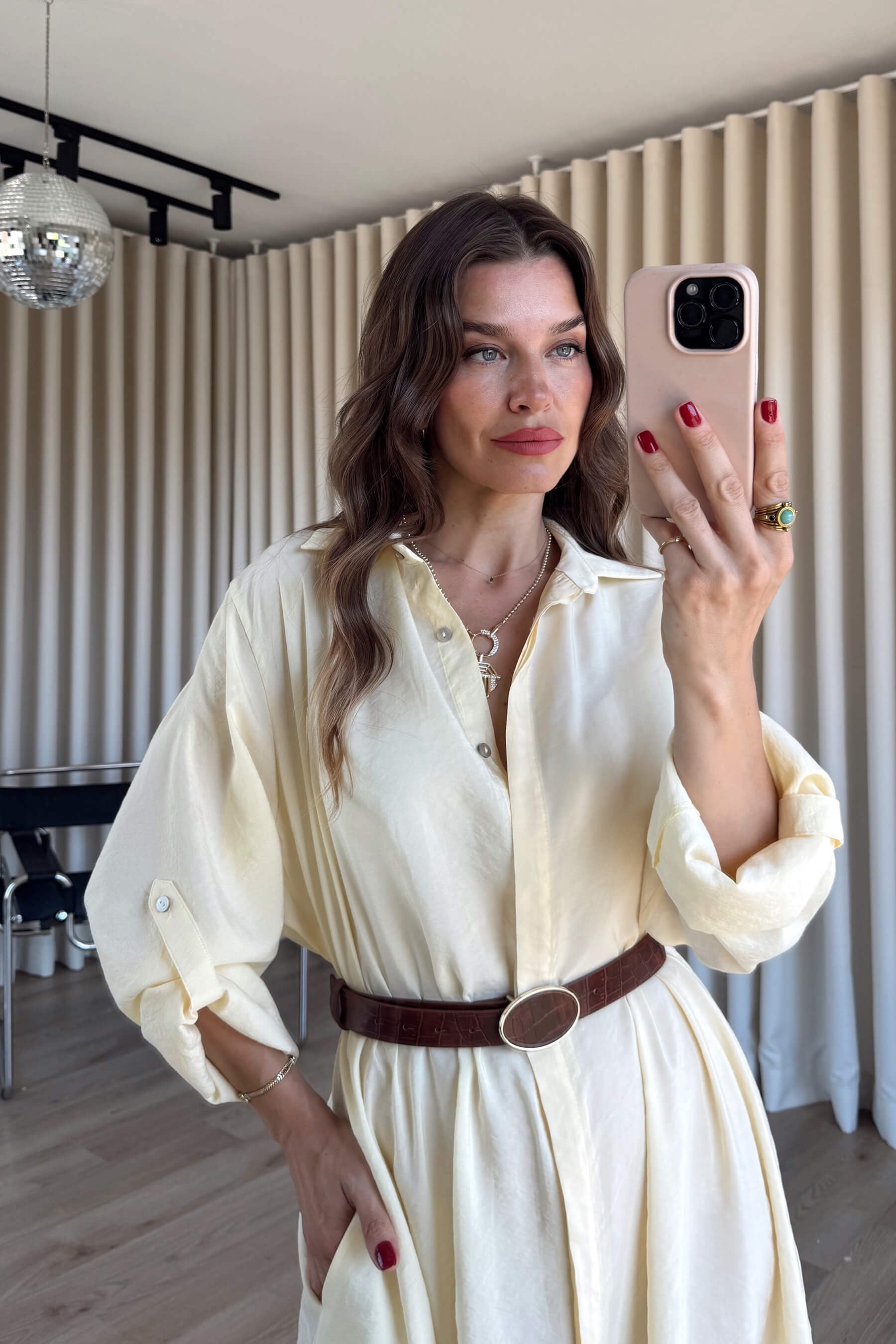 Butter Yellow Oversize Kemerli Modal Gömlek Elbise