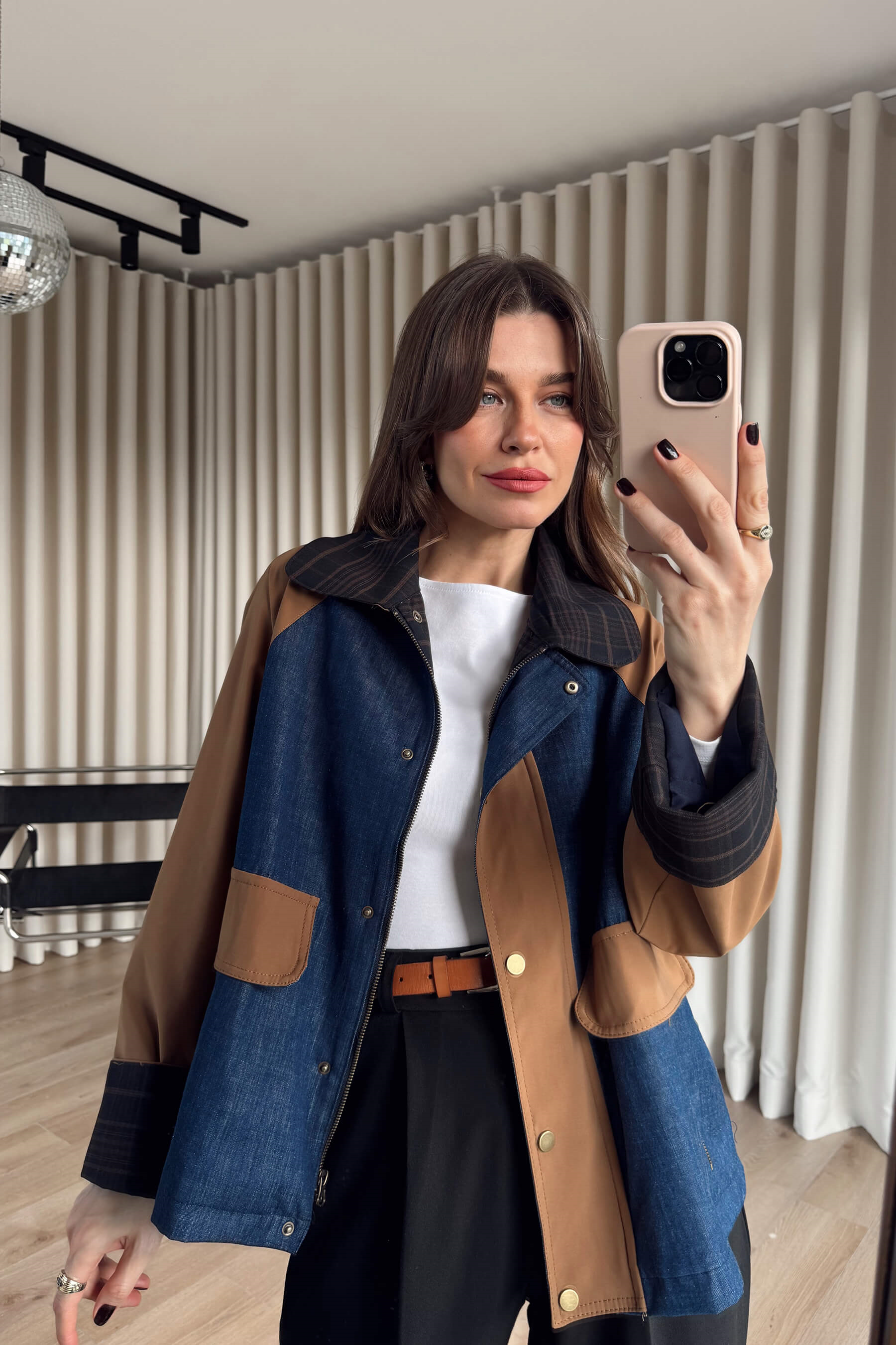 Camel Mavi Jean Detaylı Yakası Ekoseli Fermuarlı Oversize Ceket