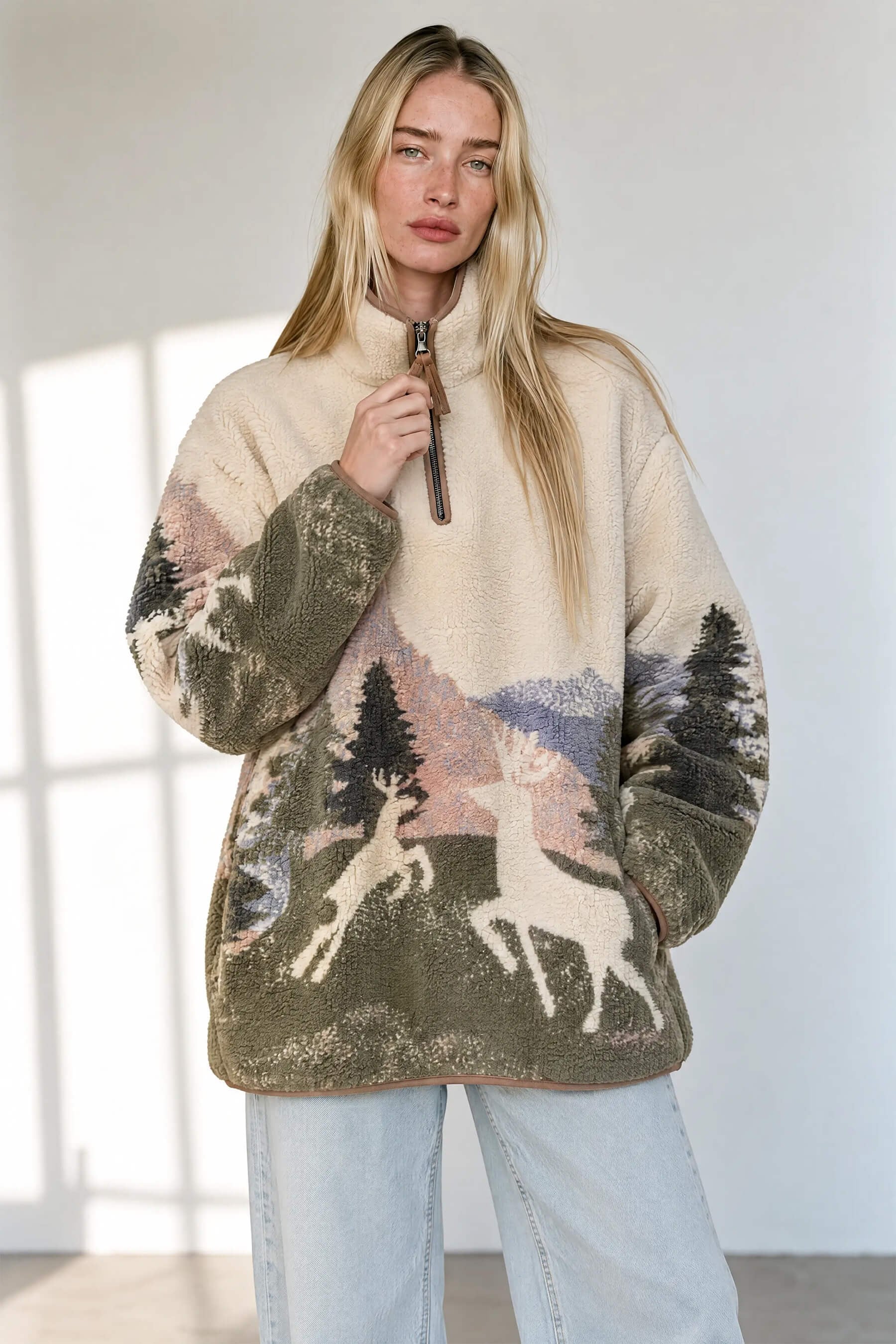 Ekru Haki Kış Desenli Yarım Fermuarlı Oversize Peluş Sweatshirt