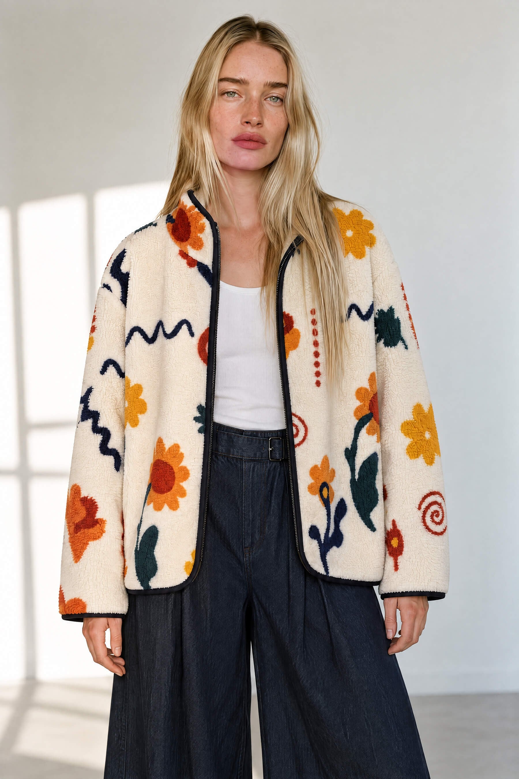 Ekru Lacivert Çiçek Desenli Fermuarlı Oversize Peluş Sweatshirt