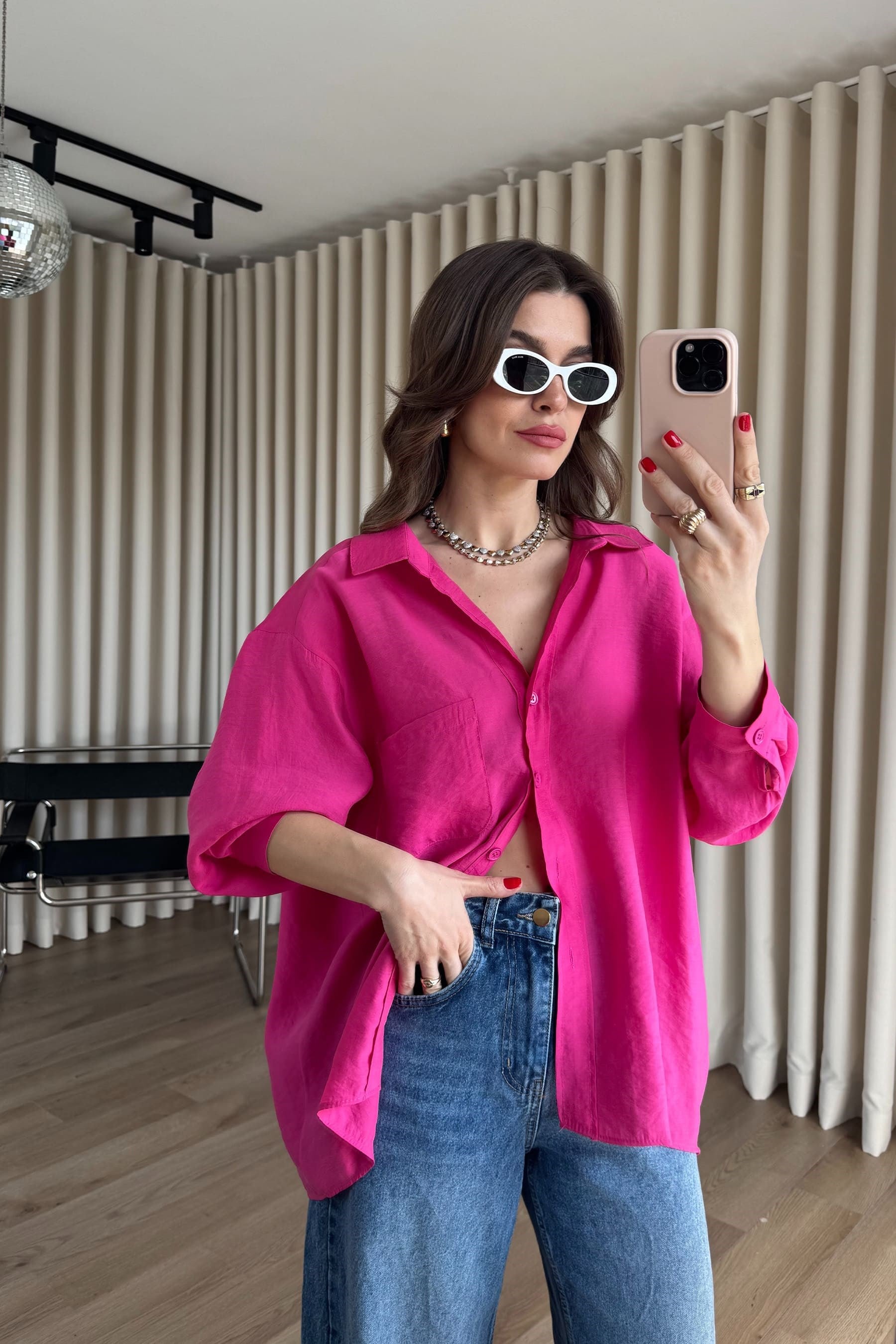 Fuşya Oversize Modal Kumaş Gömlek
