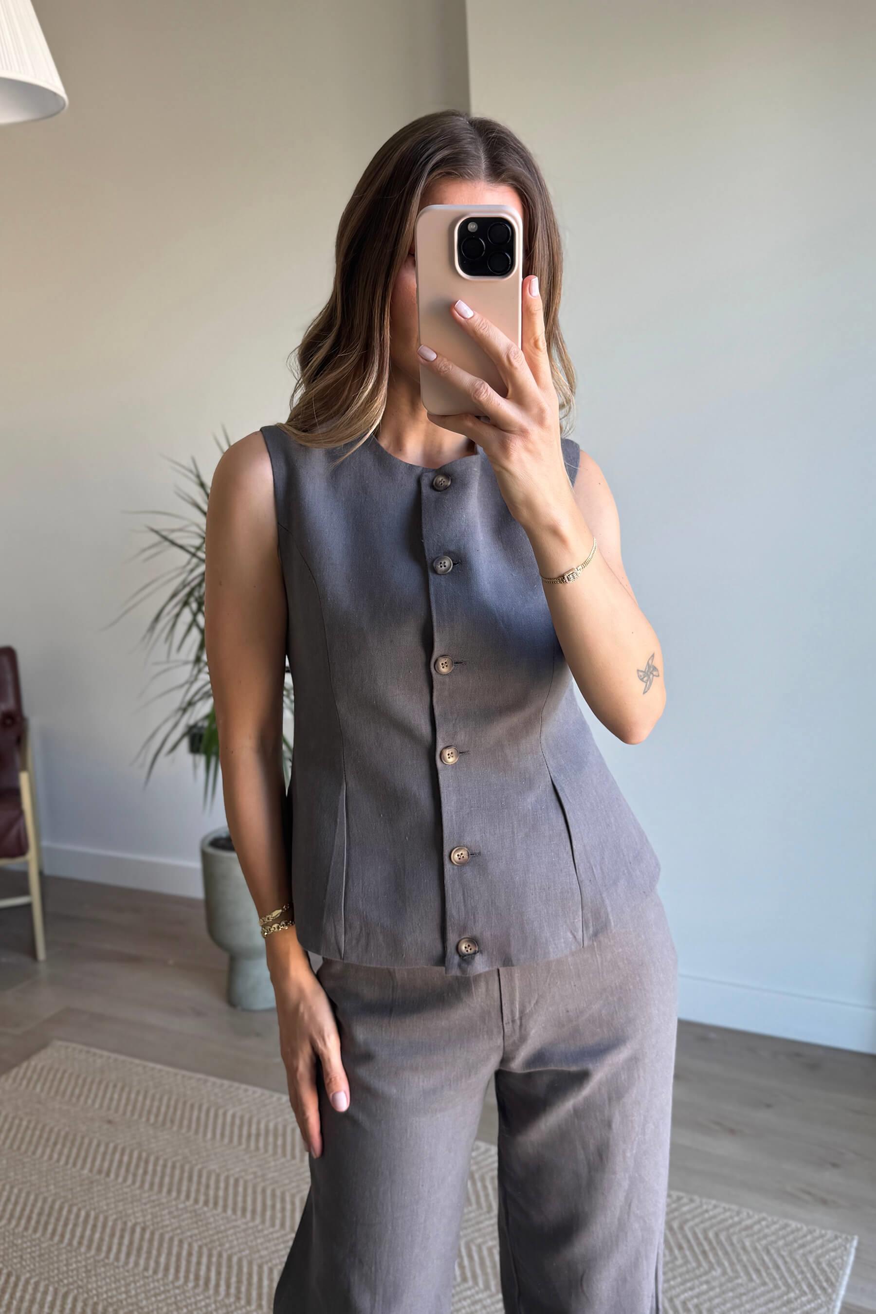 Gri Ahşap Düğmeli Pileli Yelek Pantolon Keten Takım