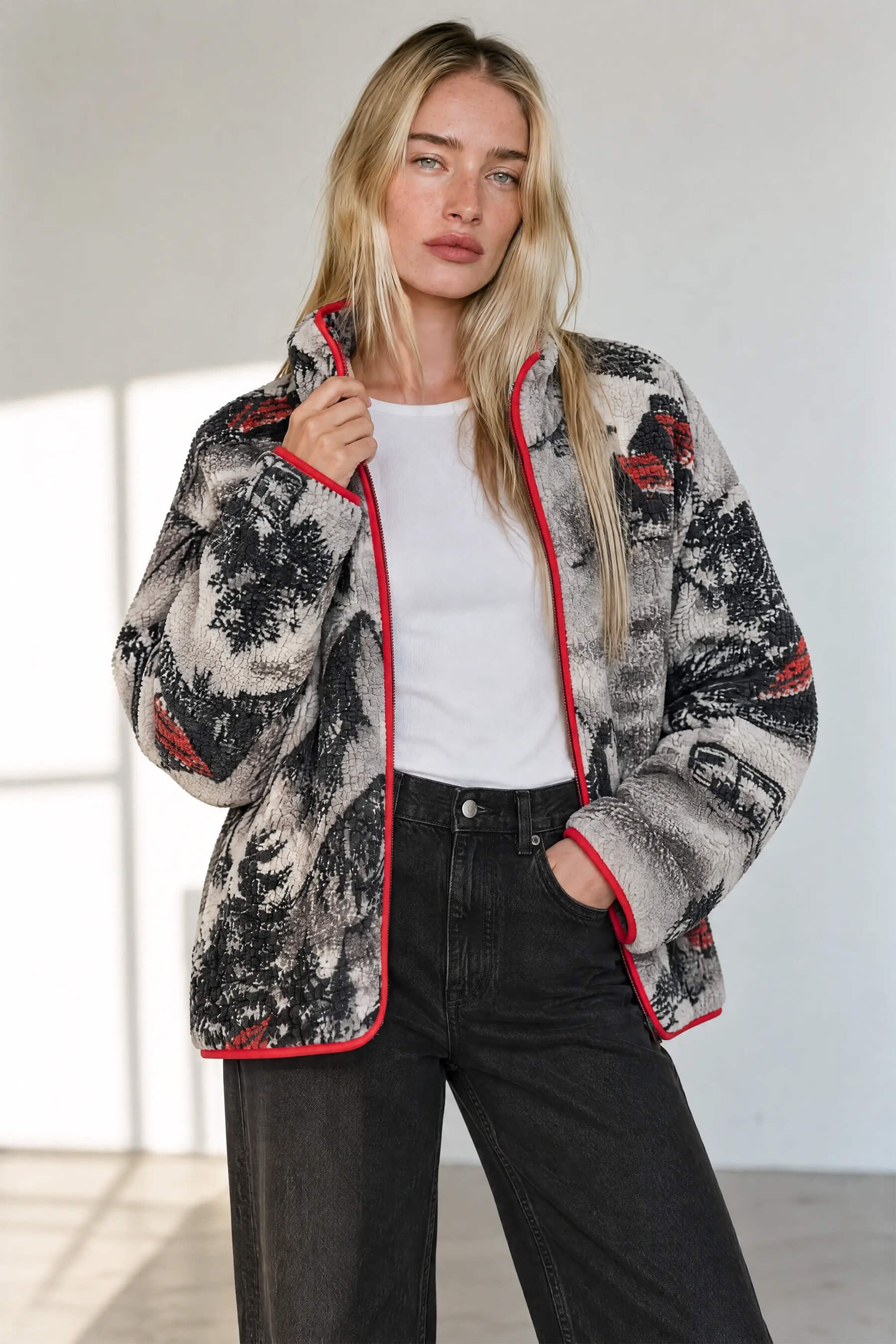 Gri Kırmızı Siyah Kış Desenli Fermuarlı Oversize Peluş Sweatshirt