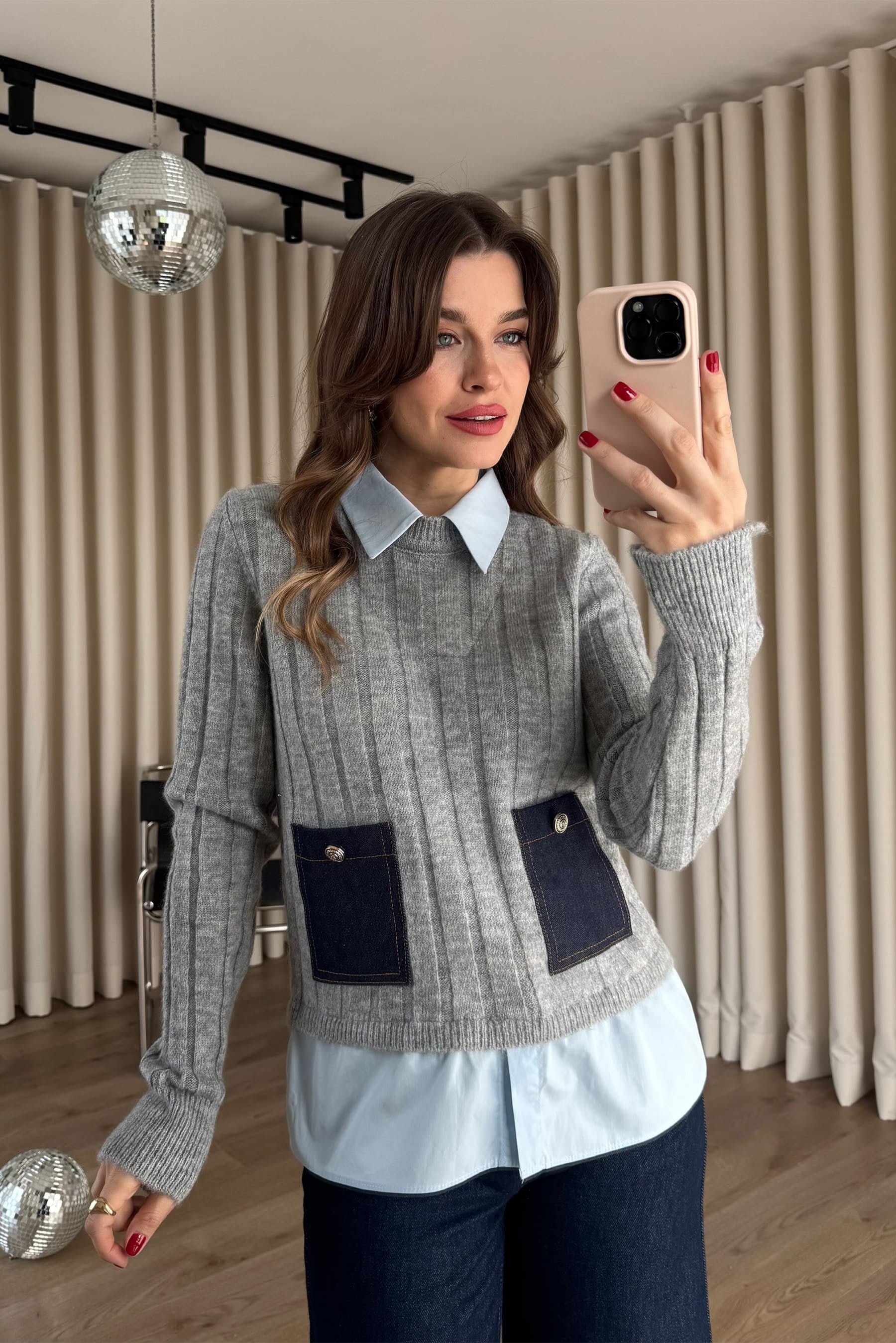 Gri Mavi Gömlek Detaylı Triko Kazak