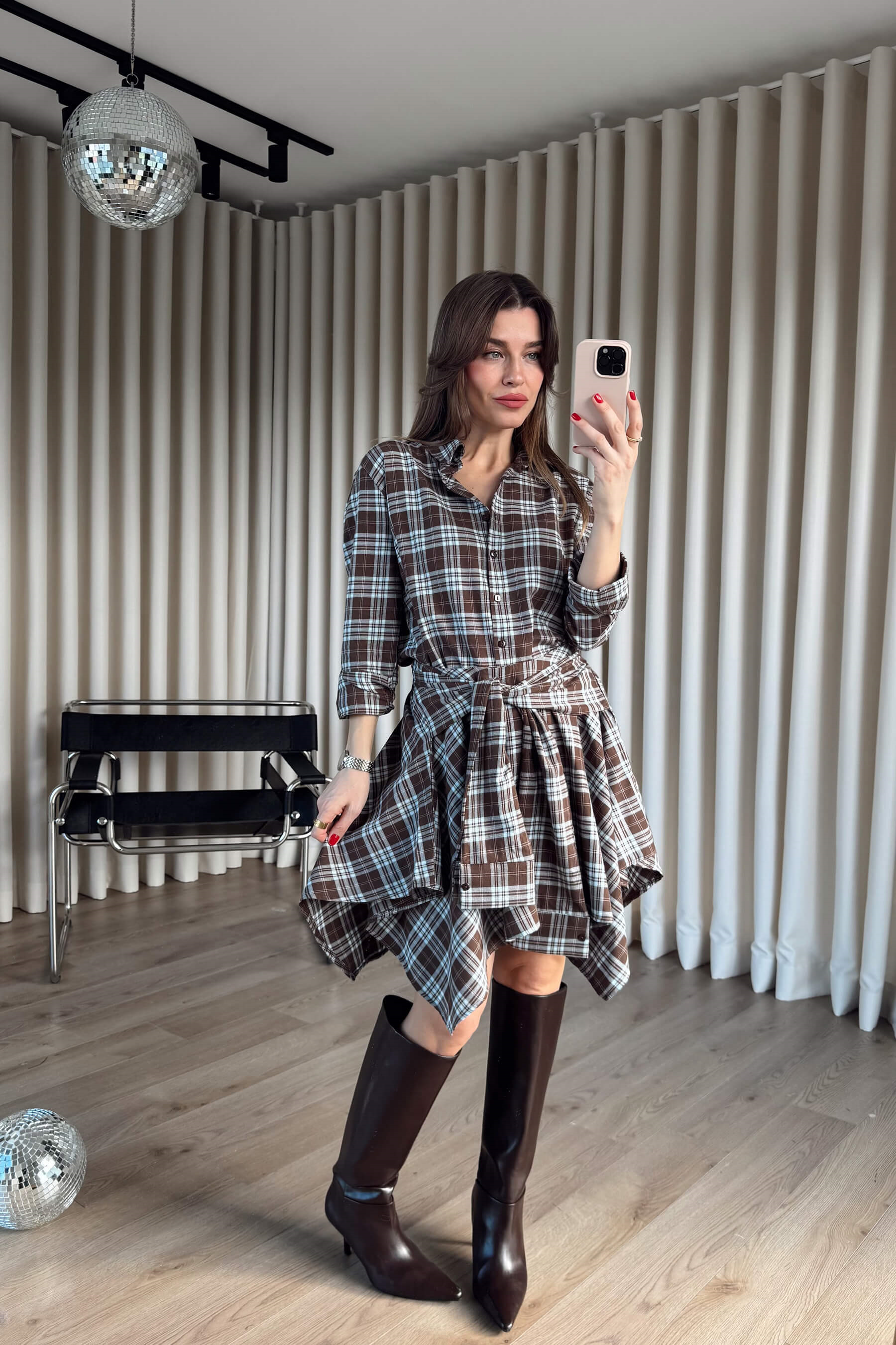 Kahve Mavi Ekoseli Önü Düğmeli Etek Gömlek Takım