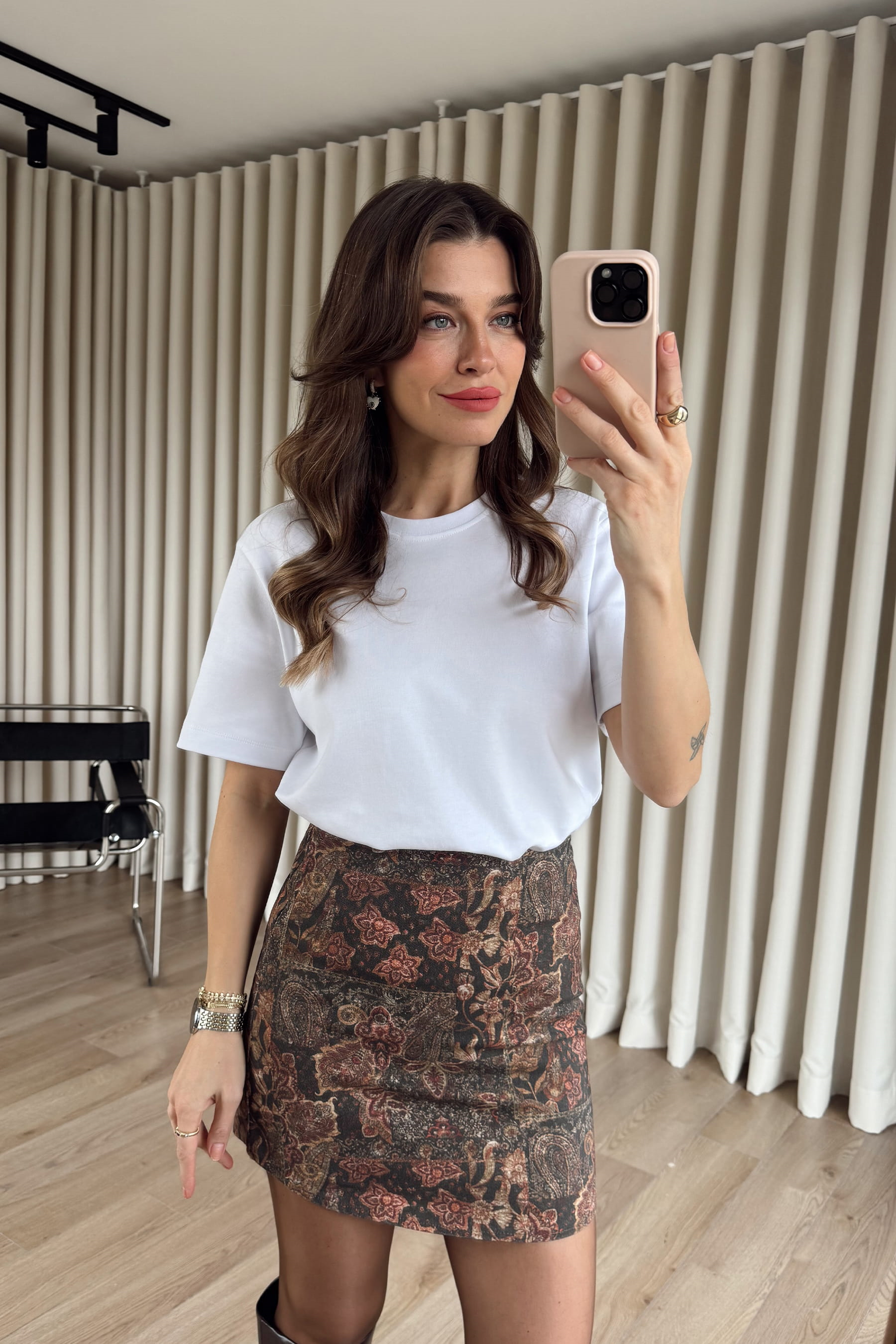 Kahverengi Çiçek Desenli Vintage Mini Etek