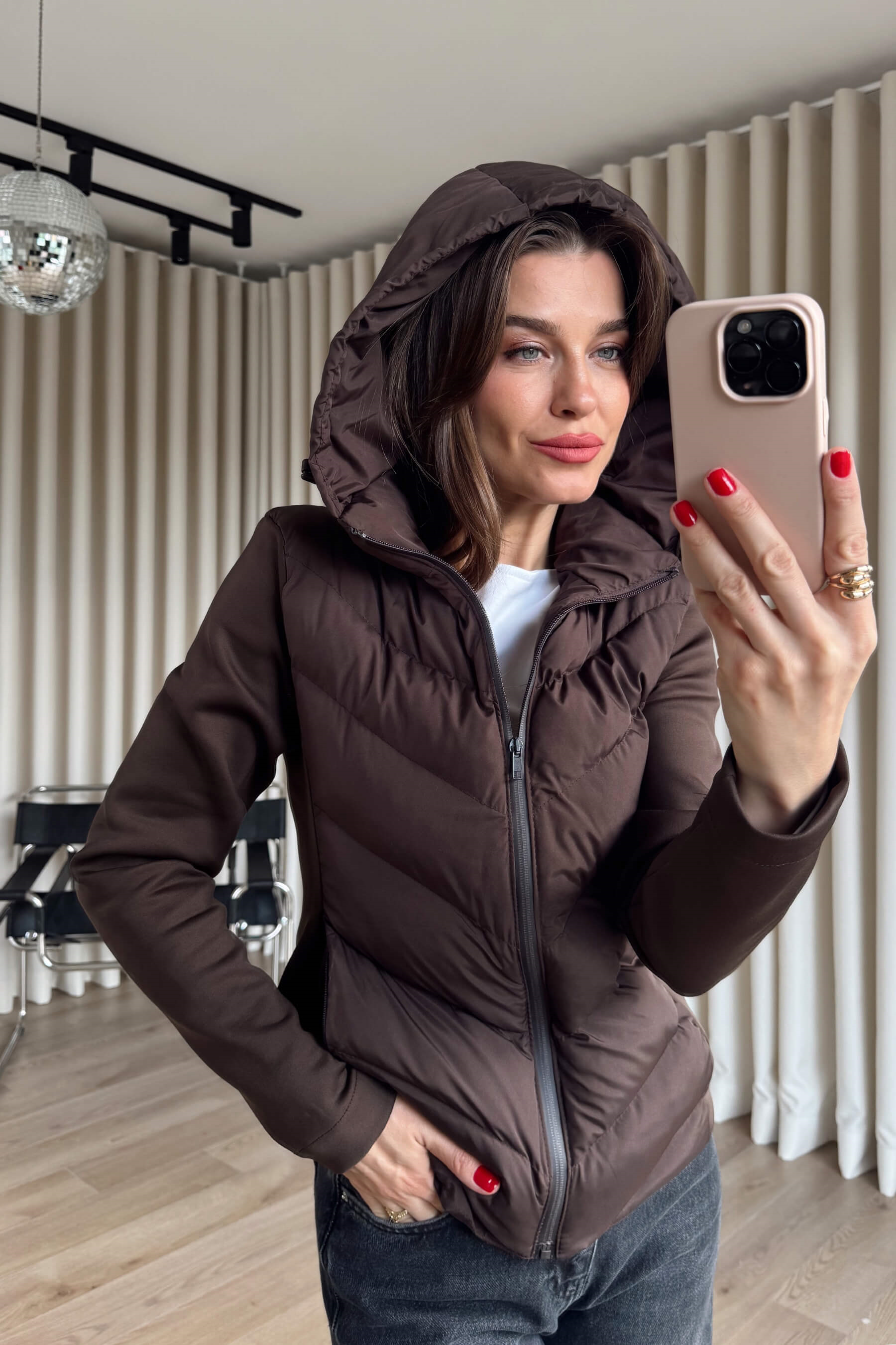 Kahverengi Dalgıç Kumaş Şişme Kapşonlu Mont