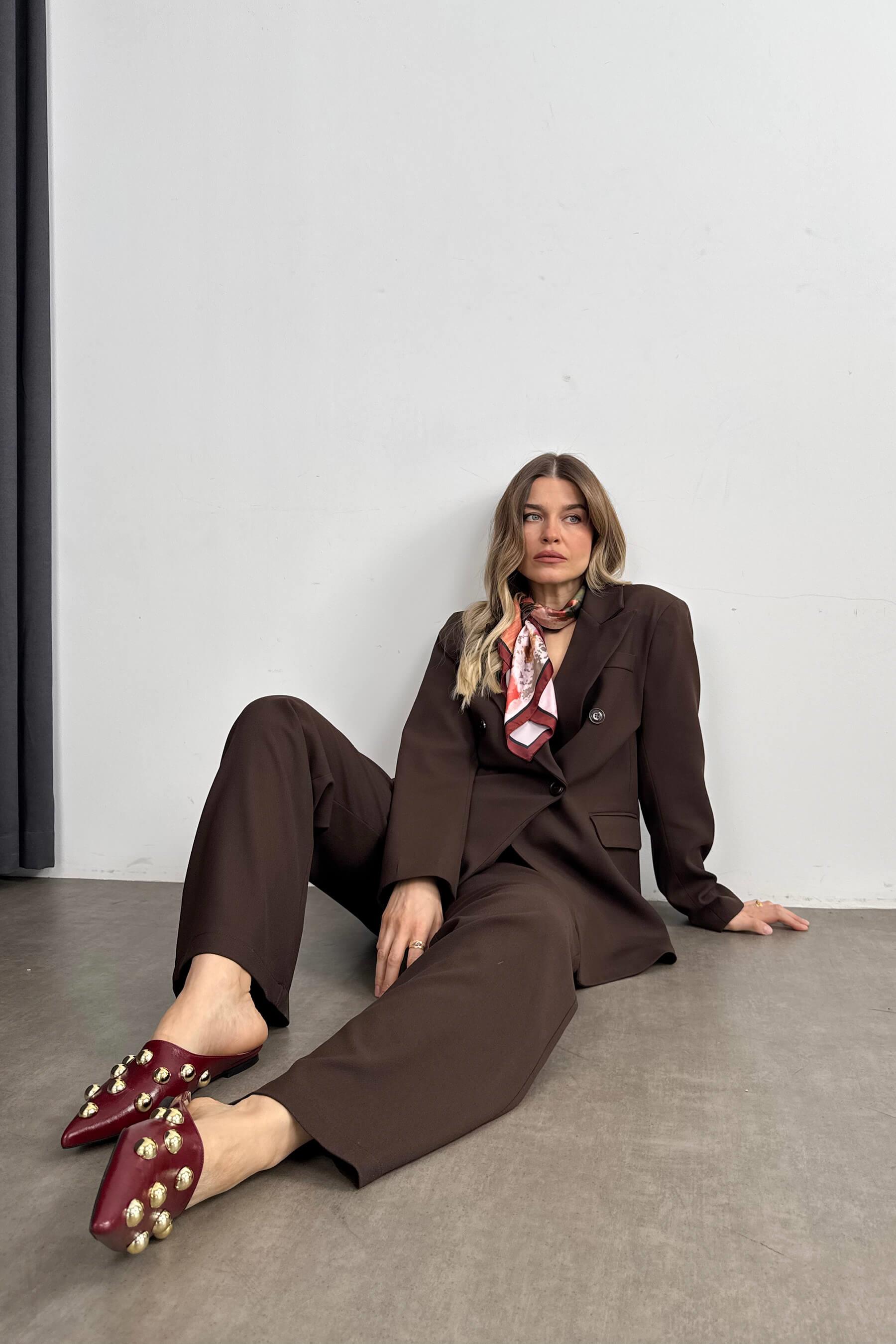 Kahverengi Yüksek Bel Pantolon Ceket Oversize Takım