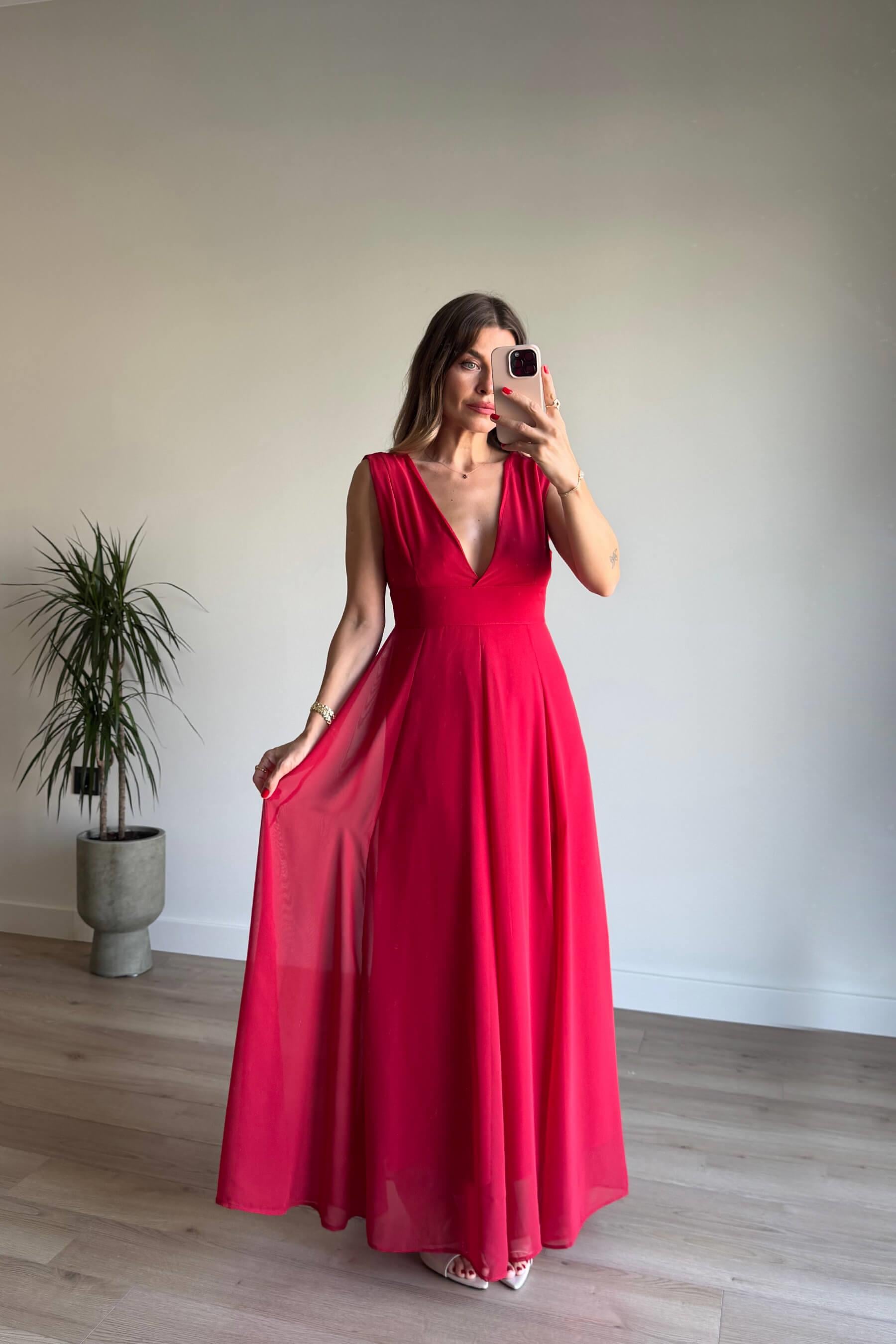 Kırmızı Derin V Yaka Kalın Askılı Astarlı Şifon Elbise