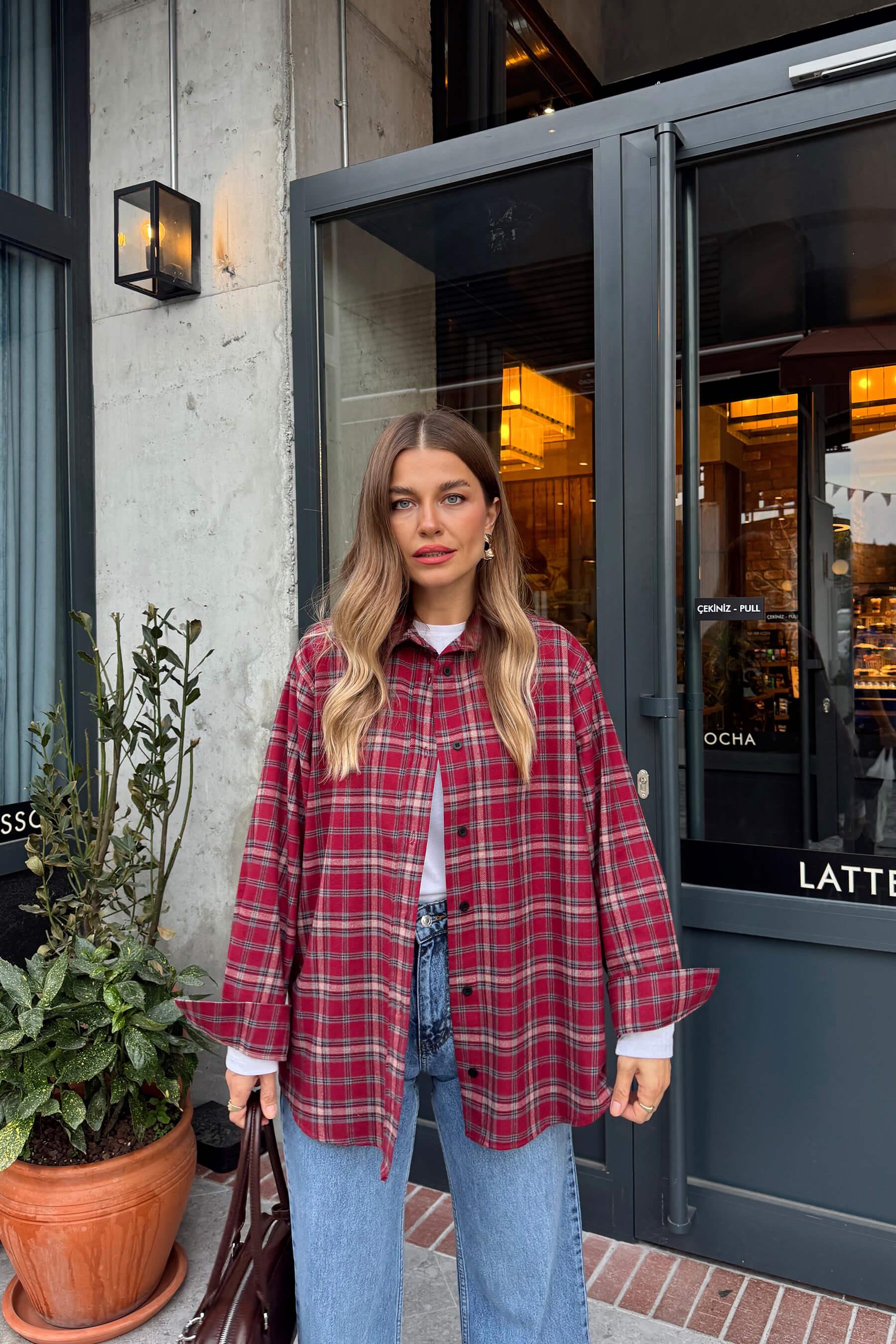 Kırmızı  Ekoseli Oversize Gömlek