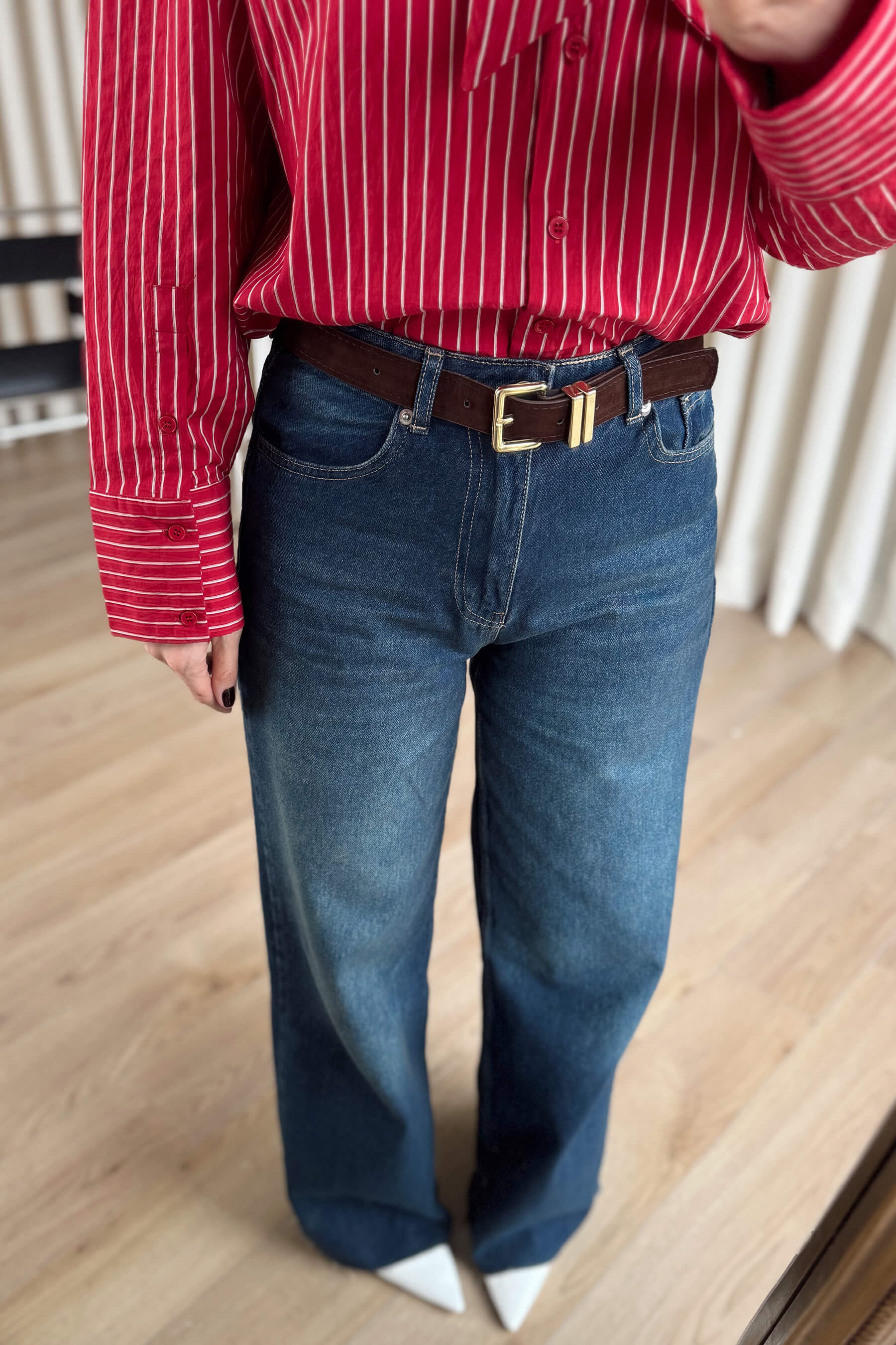 Koyu Mavi Kemerli Bol Paça Premium Jean