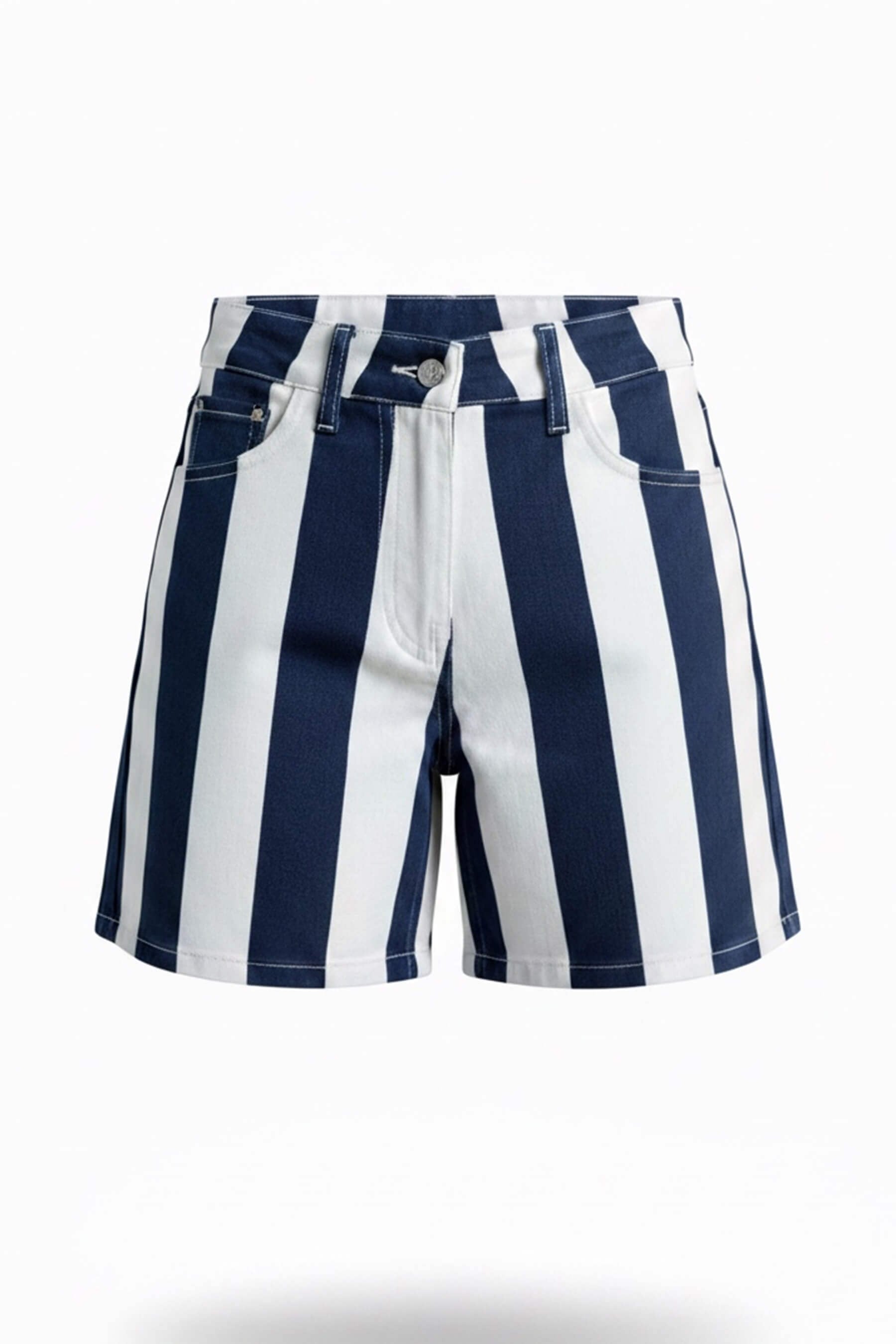 Lacivert Beyaz Şerit Desenli Denim Şort