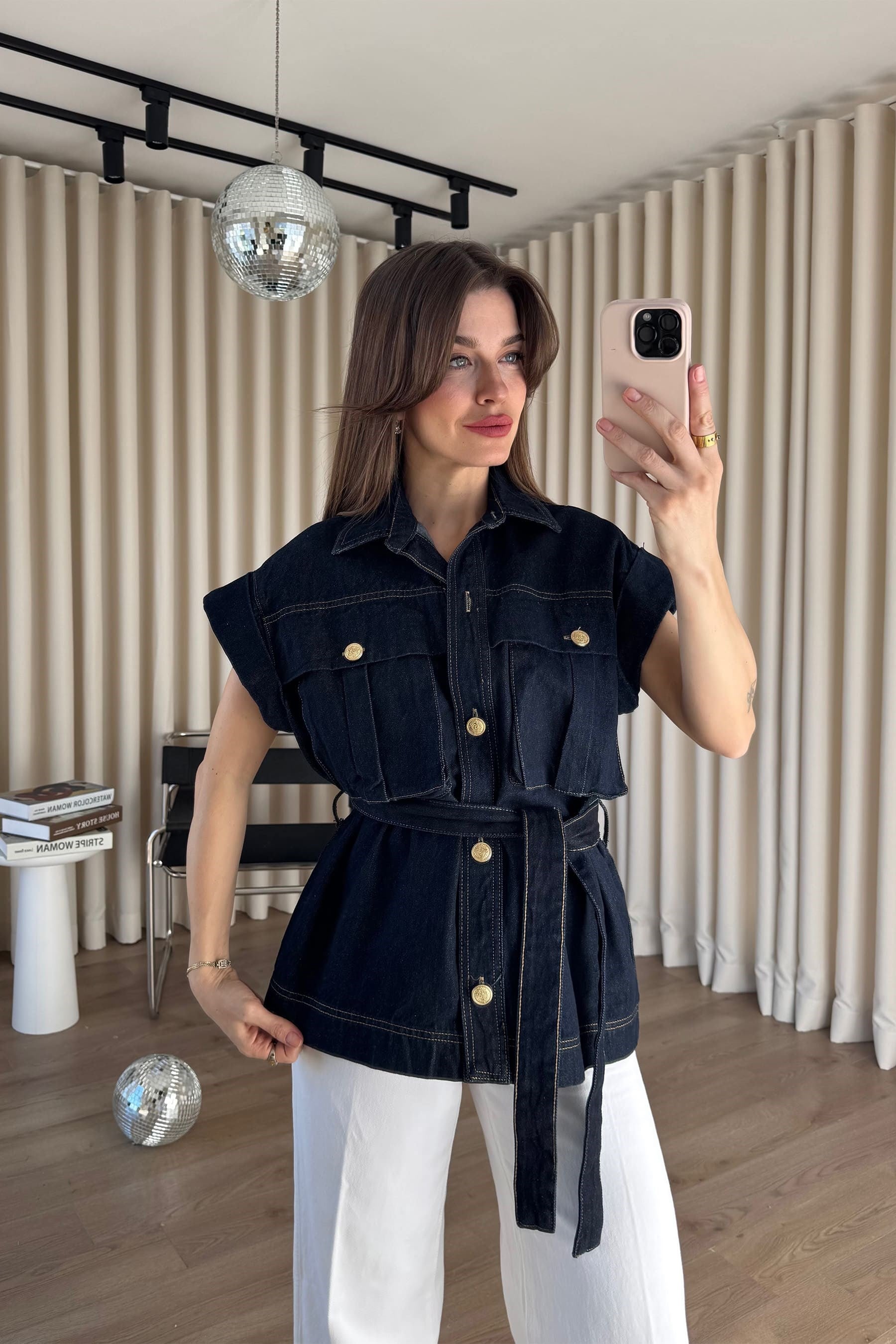 Lacivert Oversize Kuşaklı Yelek