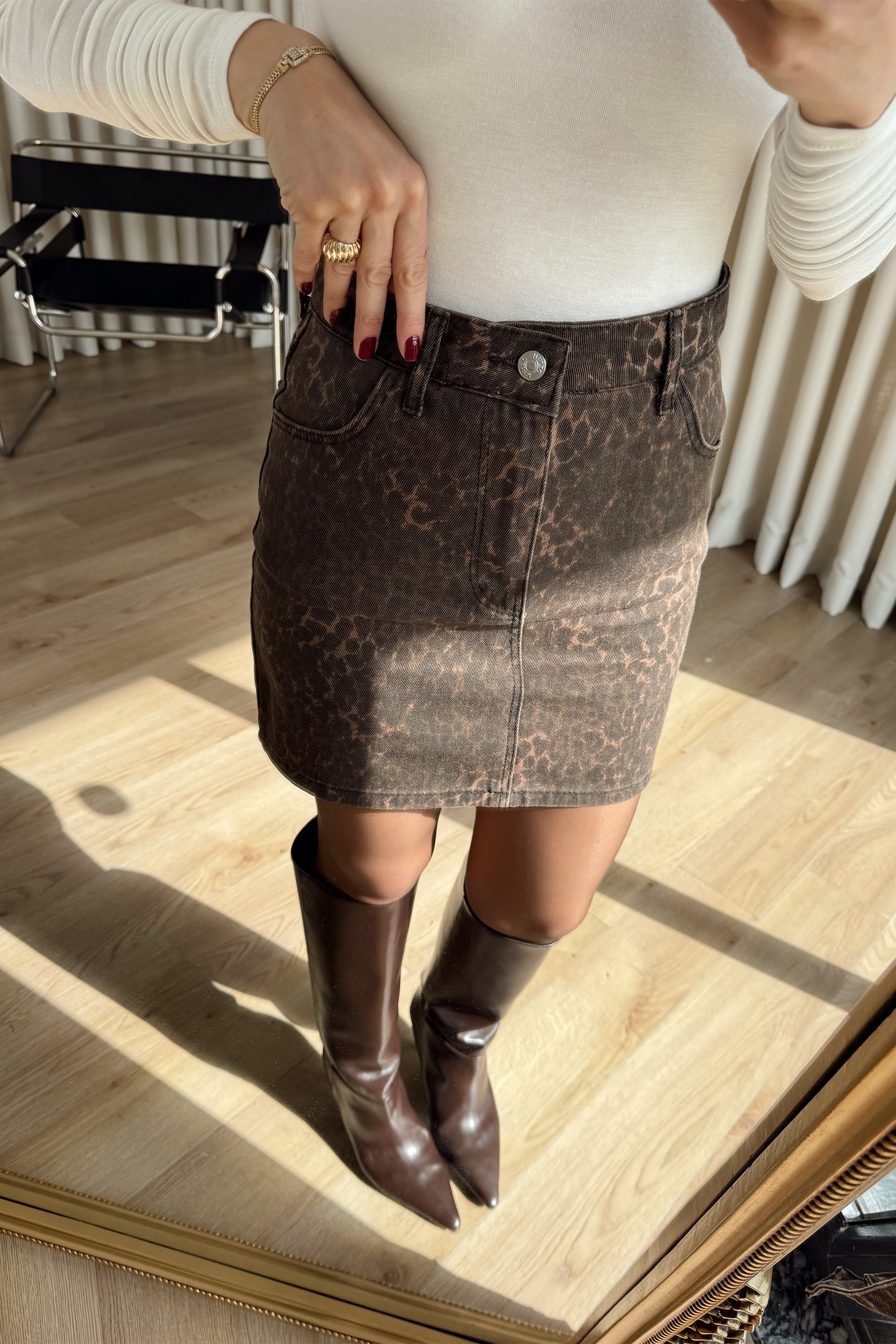 Leopar Desenli Gabardin Mini Etek