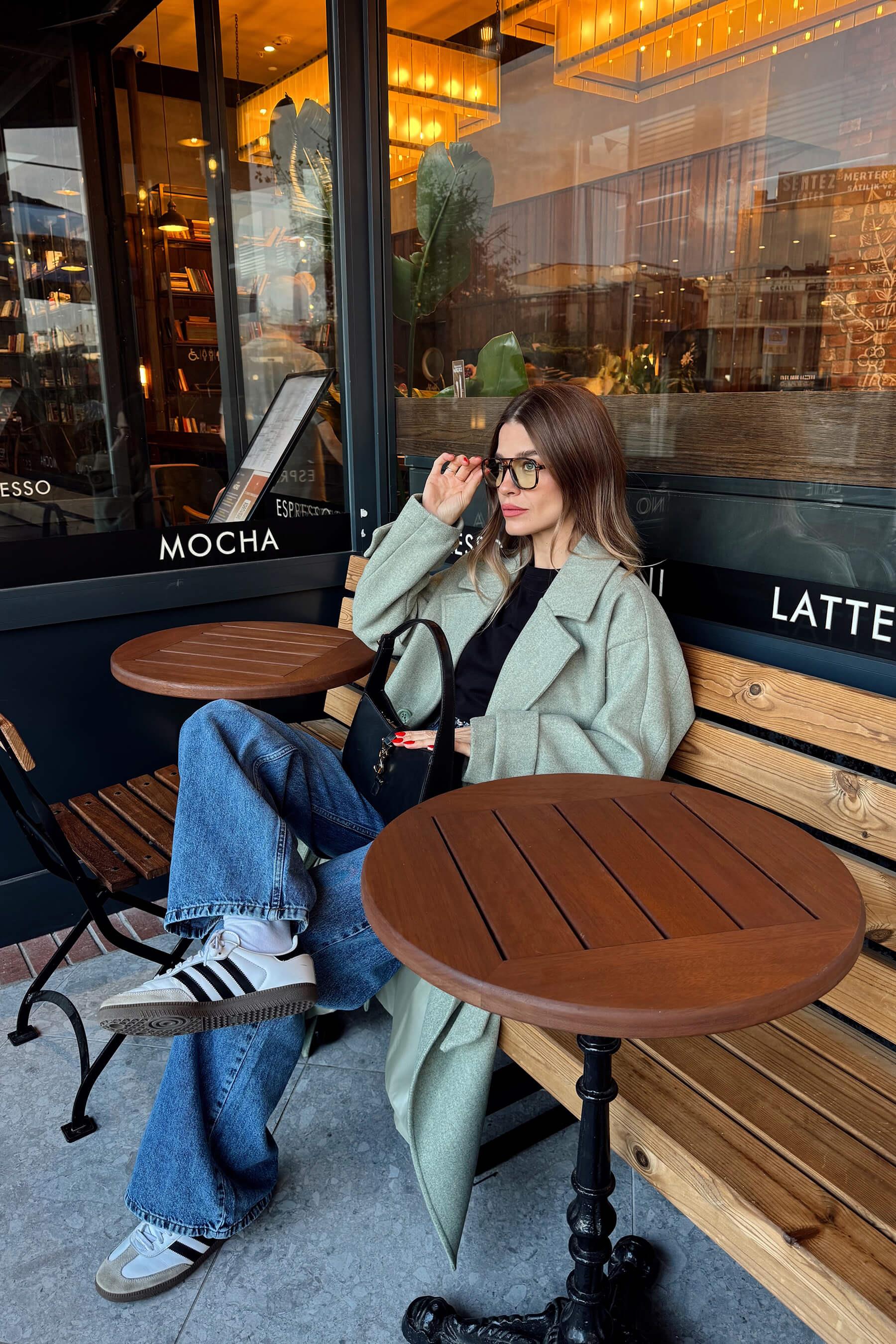 Mint Melanj Kuşaklı Astarlı Oversize Yün Kaban