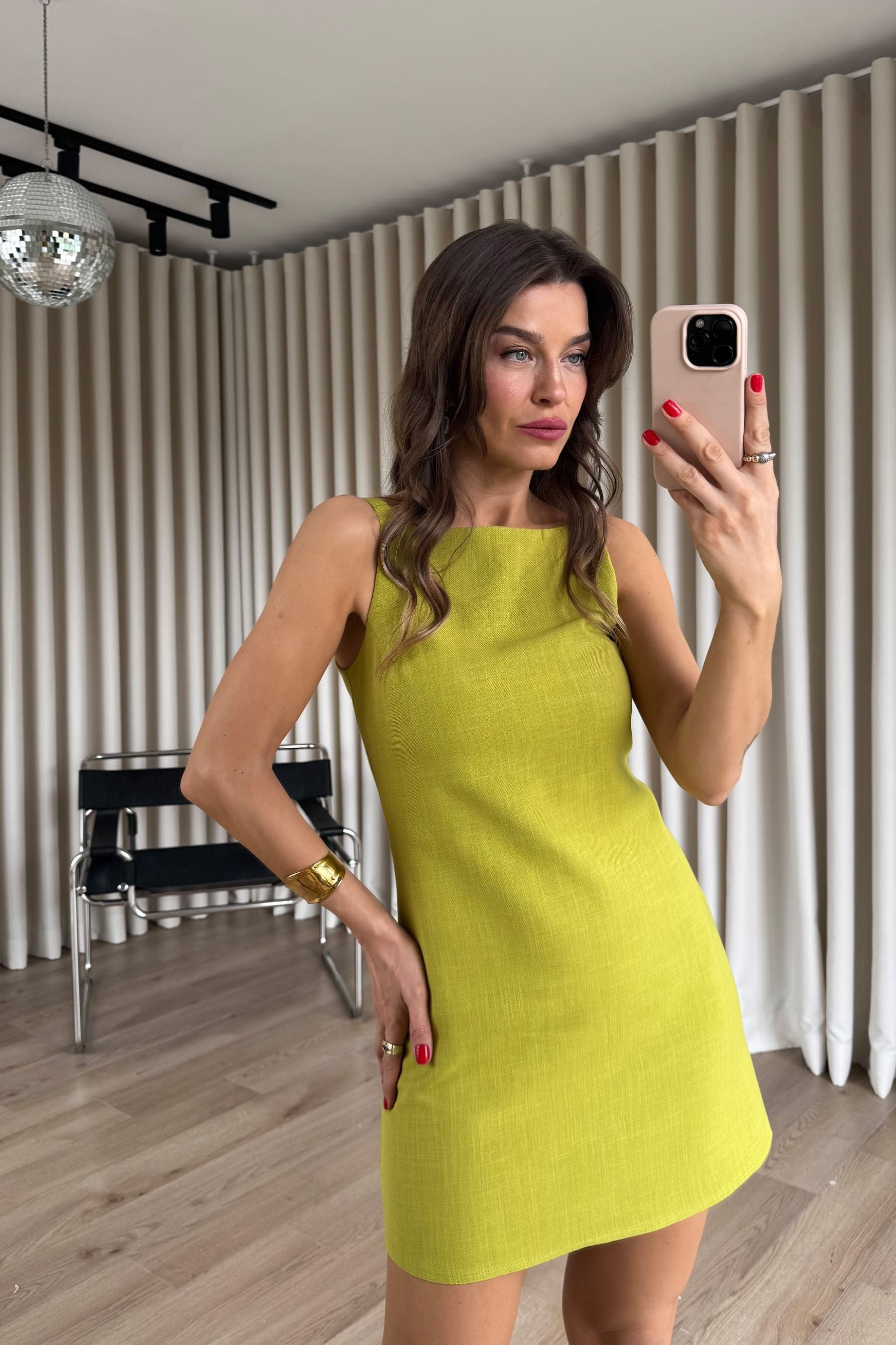 Olive Kare Yaka Askılı Astarlı Premium Keten Dokulu Elbise