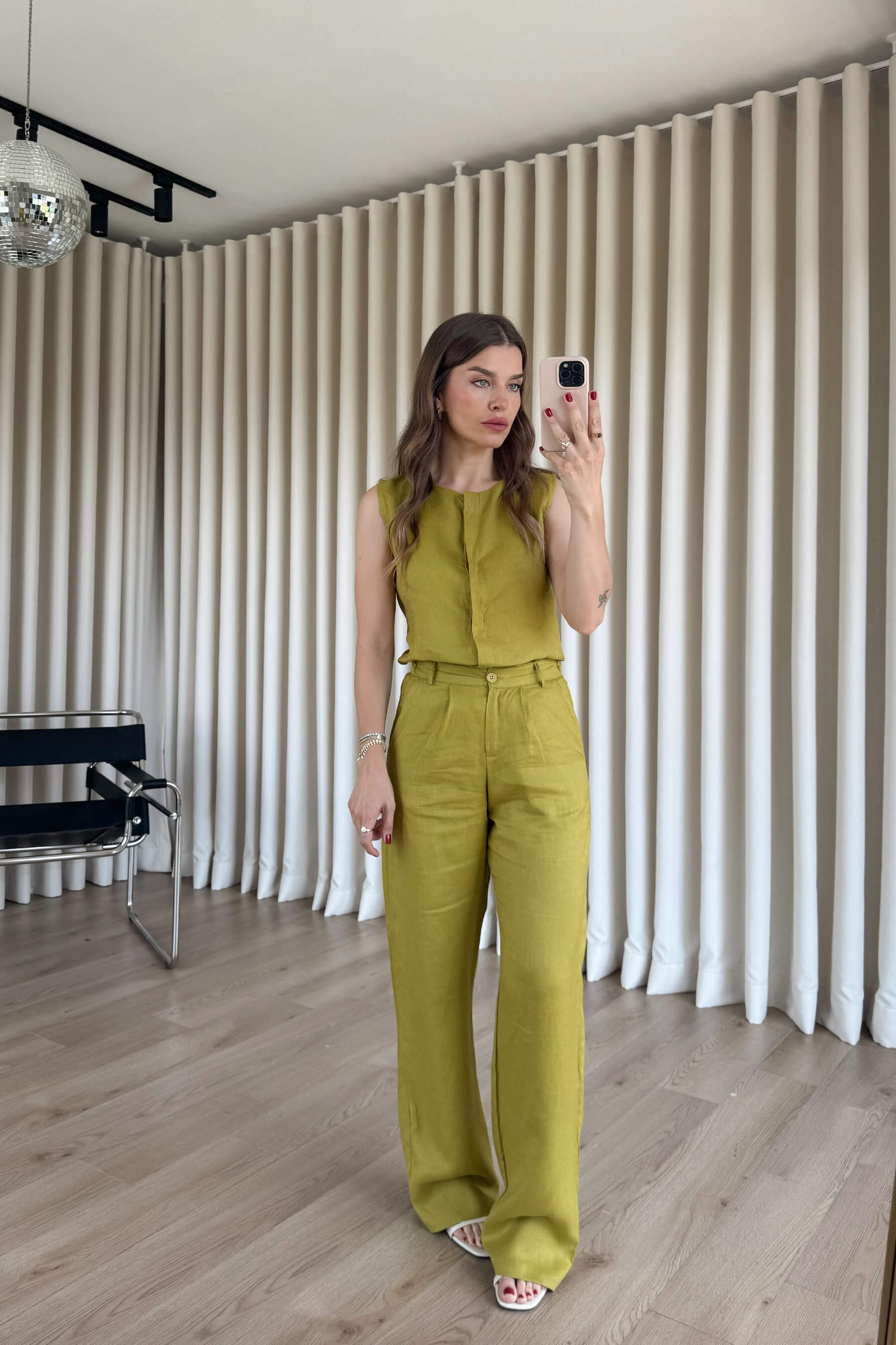 Olive Kolsuz Bluz Pantolon Keten Takım