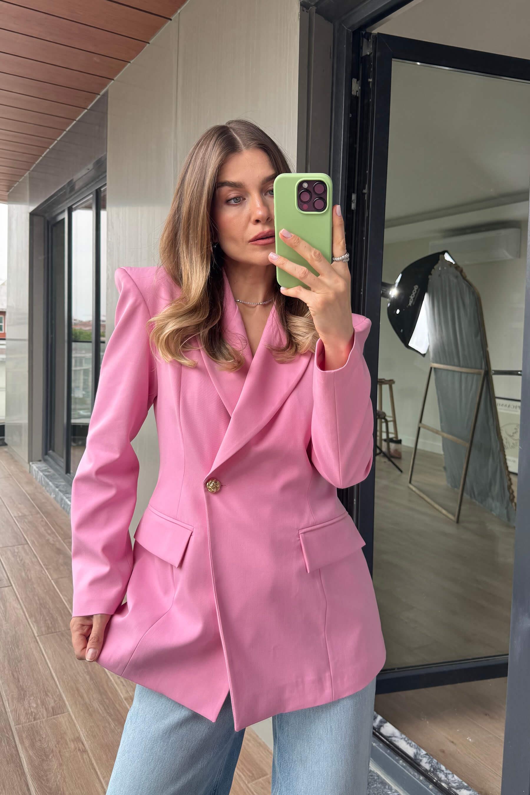 Pembe Belden Oturtmalı Premium Blazer Ceket