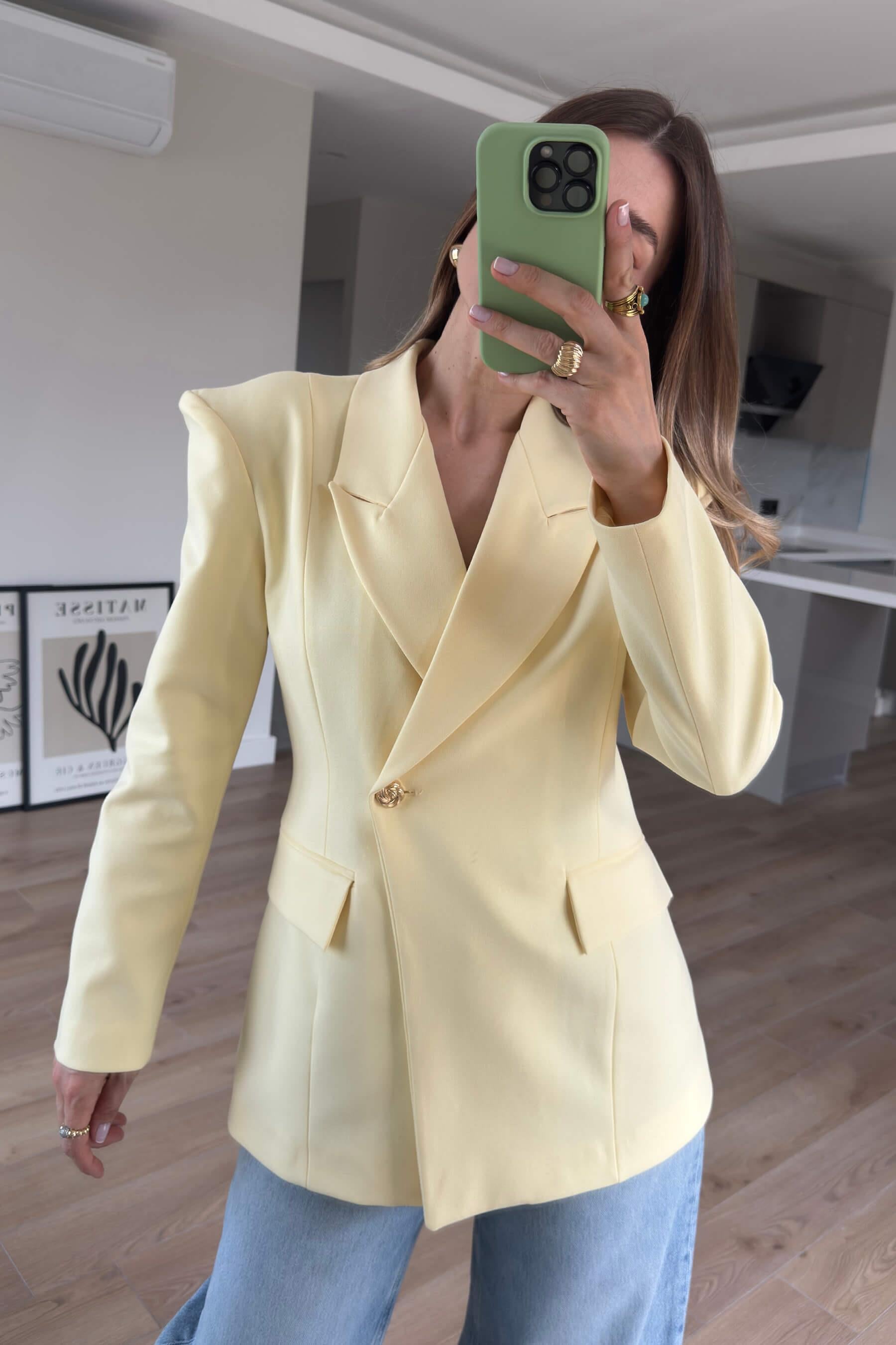 Sarı Belden Oturtmalı Premium Blazer Ceket