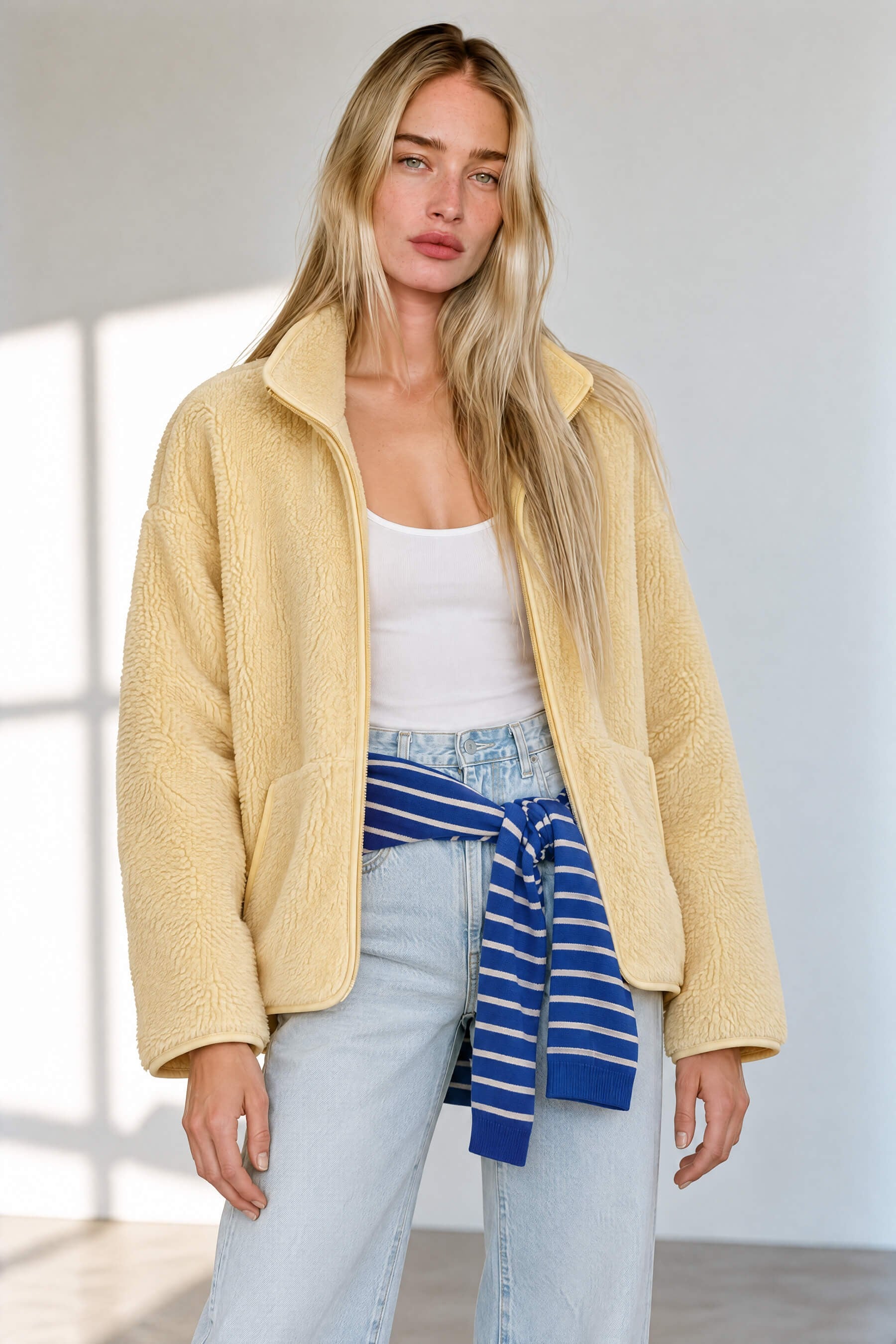 Sarı Fermuarlı Oversize Peluş Sweatshirt