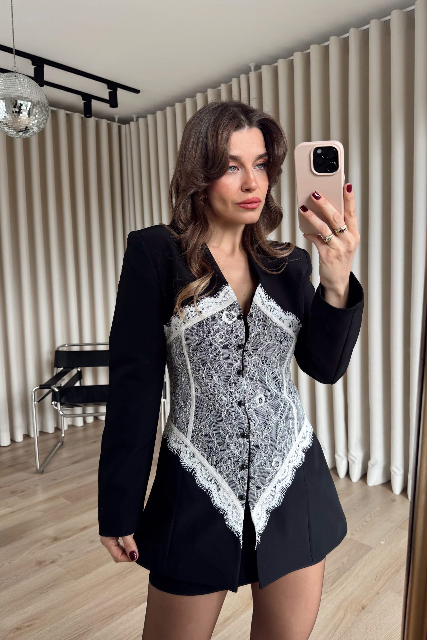 Siyah Beyaz Dantel Korseli Tasarım Blazer Ceket