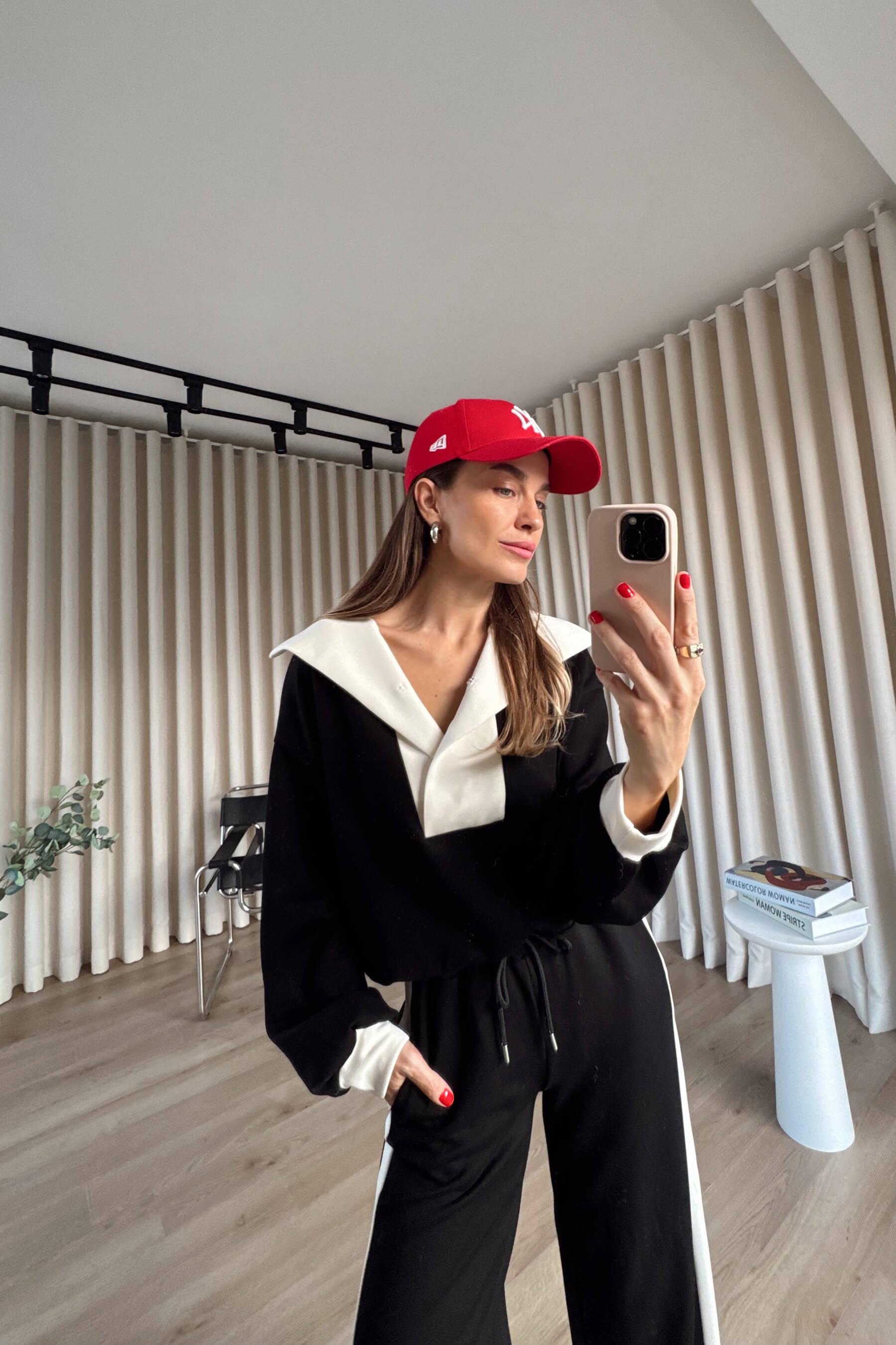 Siyah Beyaz Önü Çıtçıtlı Oversize Modal Eşofman Takımı