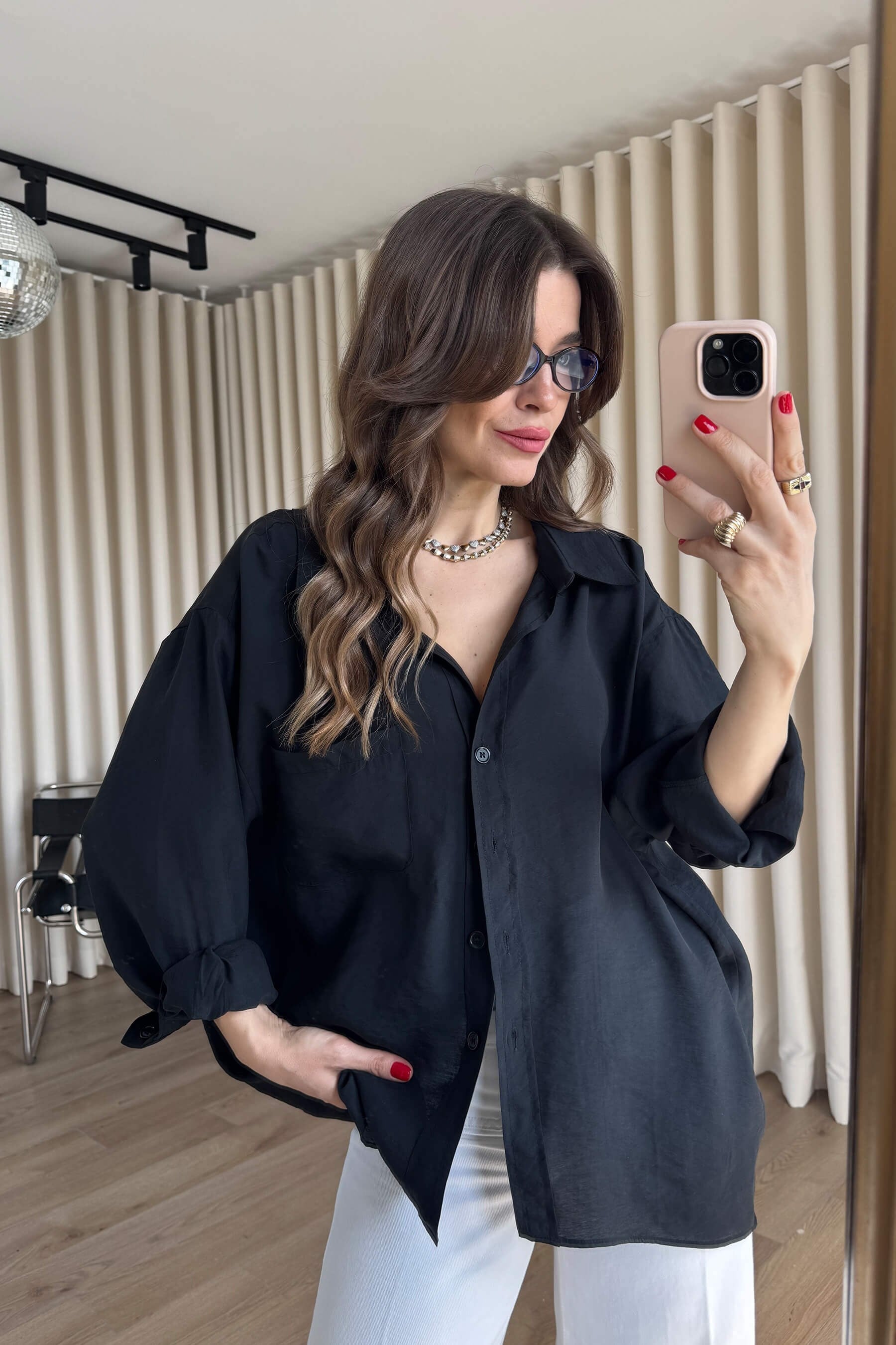 Siyah Oversize Modal Kumaş Gömlek