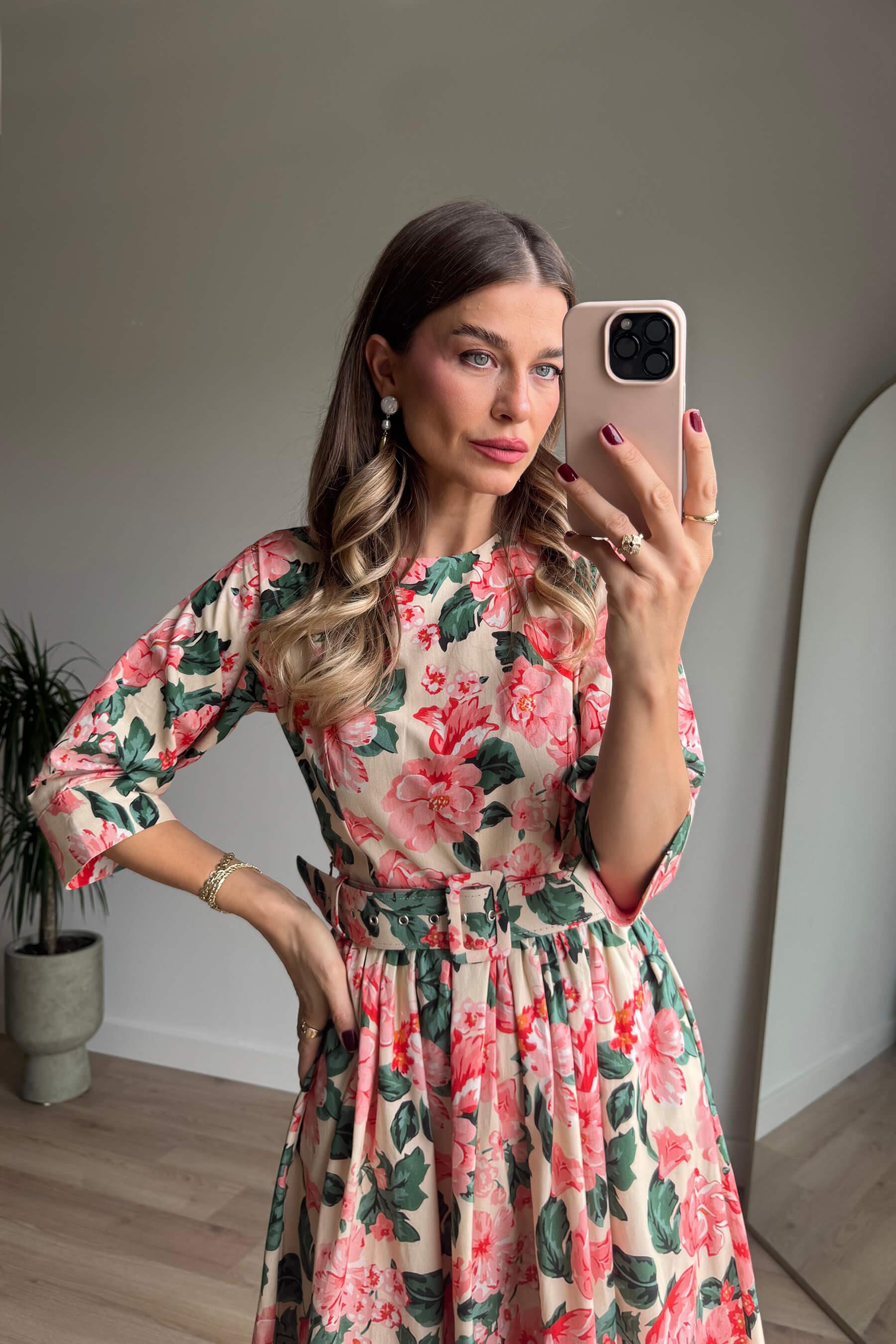 Somon Çiçekli Bisiklet Yaka Kemerli Elbise